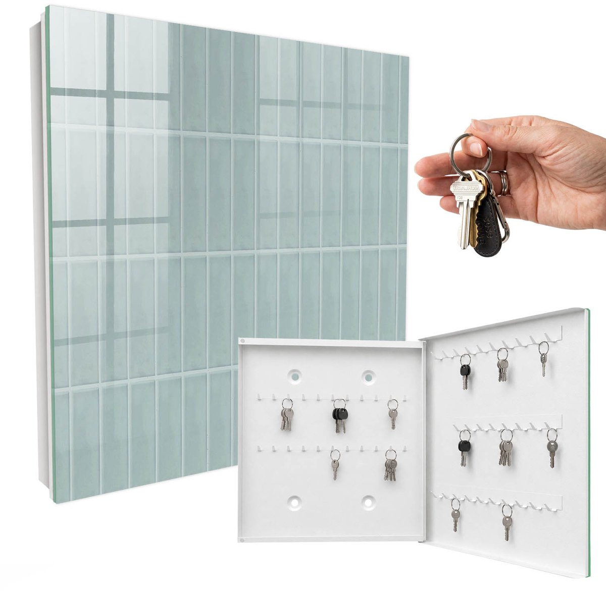 WallMuralia - Sleutelkast - 30x30x5 cm - met 50 haken - Delicaat Patroon Sleutelkastje Hal - Grijs Sleutelbox - Rechtsopenend - Wit interieur