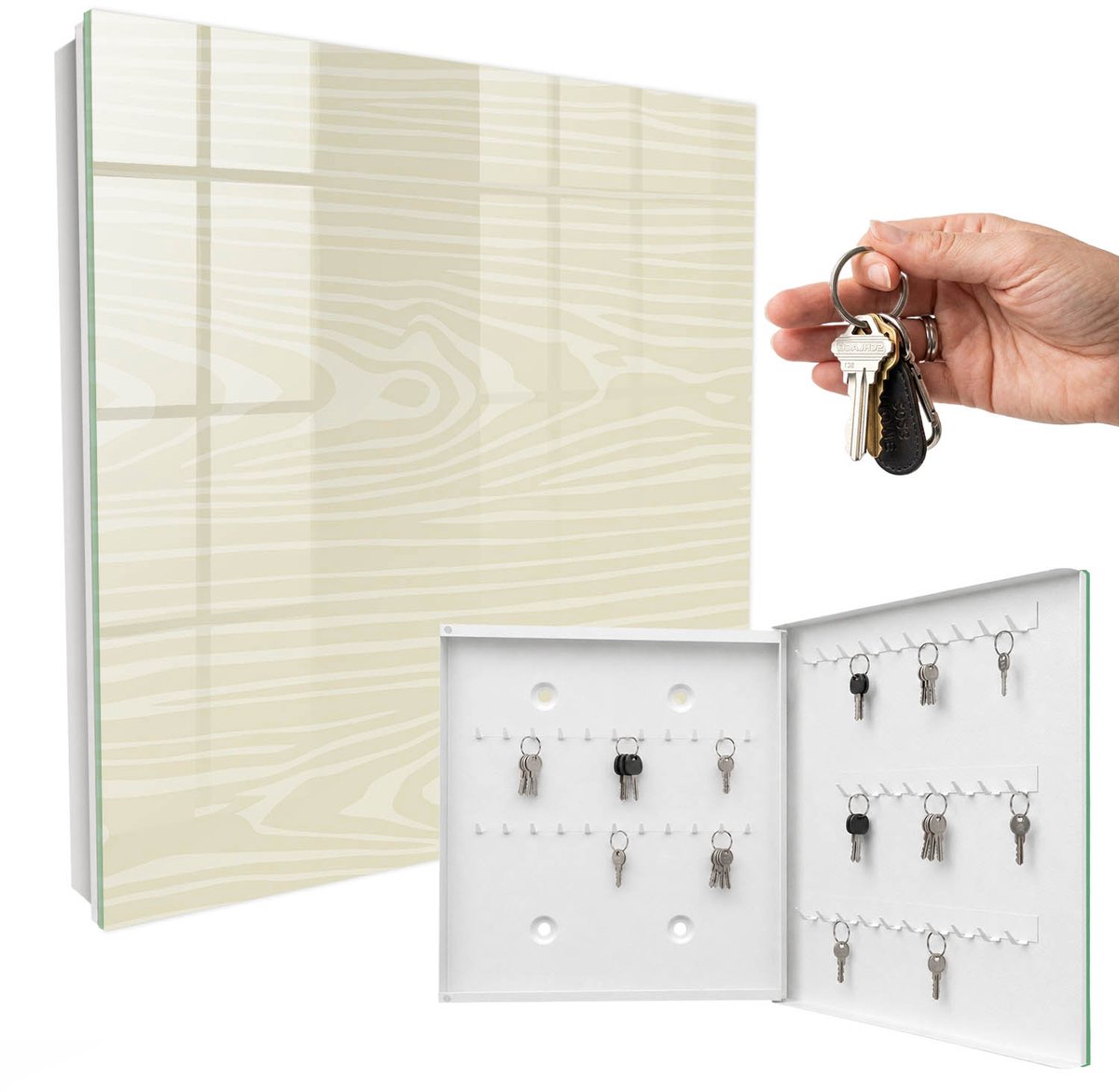 WallMuralia - Sleutelkast - 30x30x5 cm - met 50 haken - Houten Constructie Sleutelkastje Binnen - Beige Sleutelbox - Rechtsopenend - Wit interieur