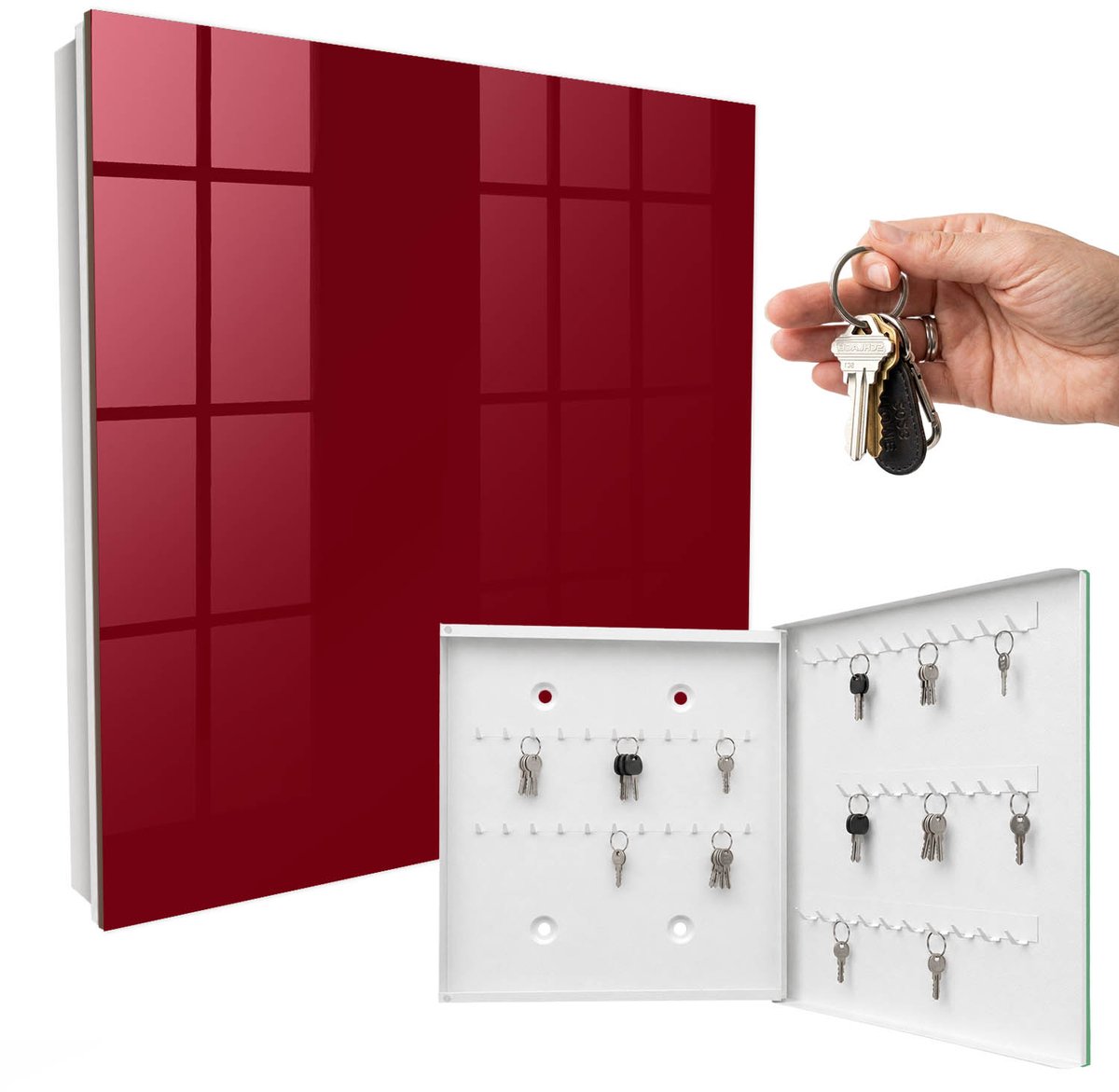 WallMuralia - Sleutelkast - 30x30x5 cm - met 50 haken - Levendig Bordeauxrood Design Sleutelkastje - Bordeaux Sleutelbox - Rechtsopenend - Wit interieur