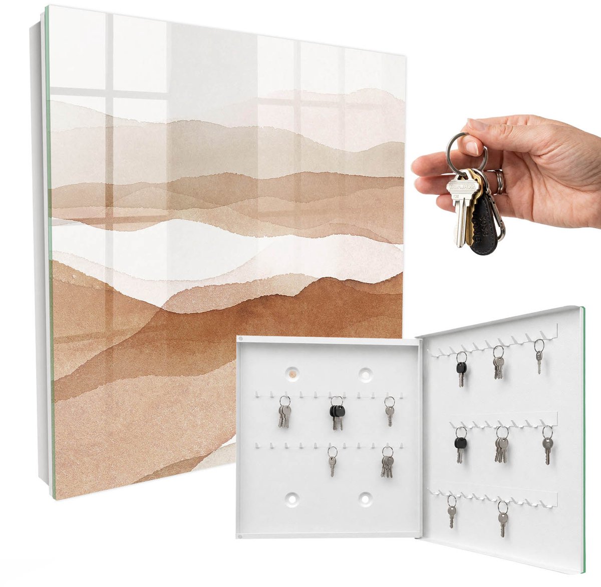 WallMuralia - Sleutelkast - 30x30x5 cm - met 50 haken - Pastelkleurige Golven Sleutelkastje Design - Beige Sleutelbox - Rechtsopenend - Wit interieur