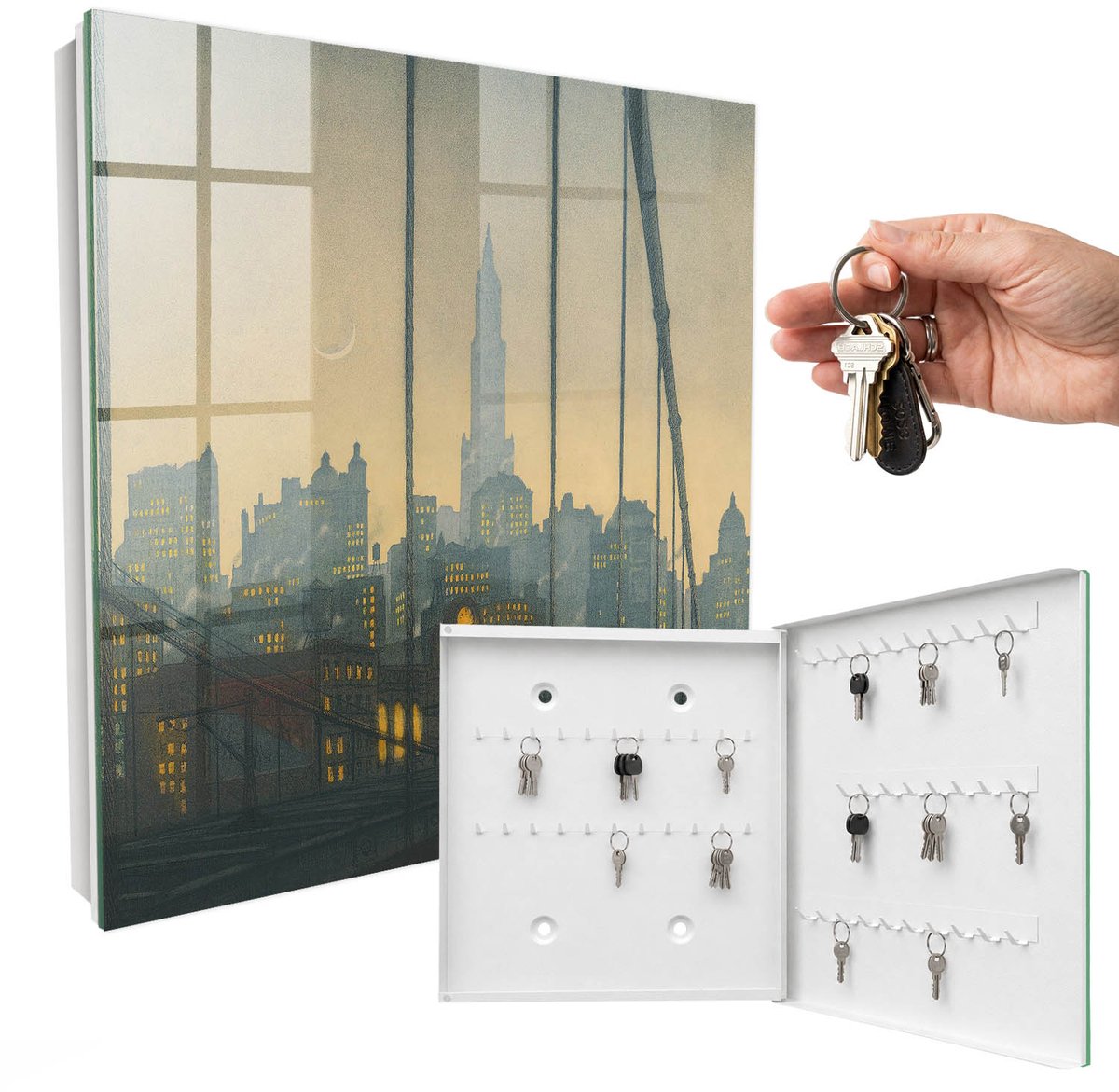 WallMuralia - Sleutelkast - 30x30x5 cm - met 50 haken - Ten Westen Van De Stad Sleutelkastje Modern - Geel Sleutelbox - Rechtsopenend - Wit interieur