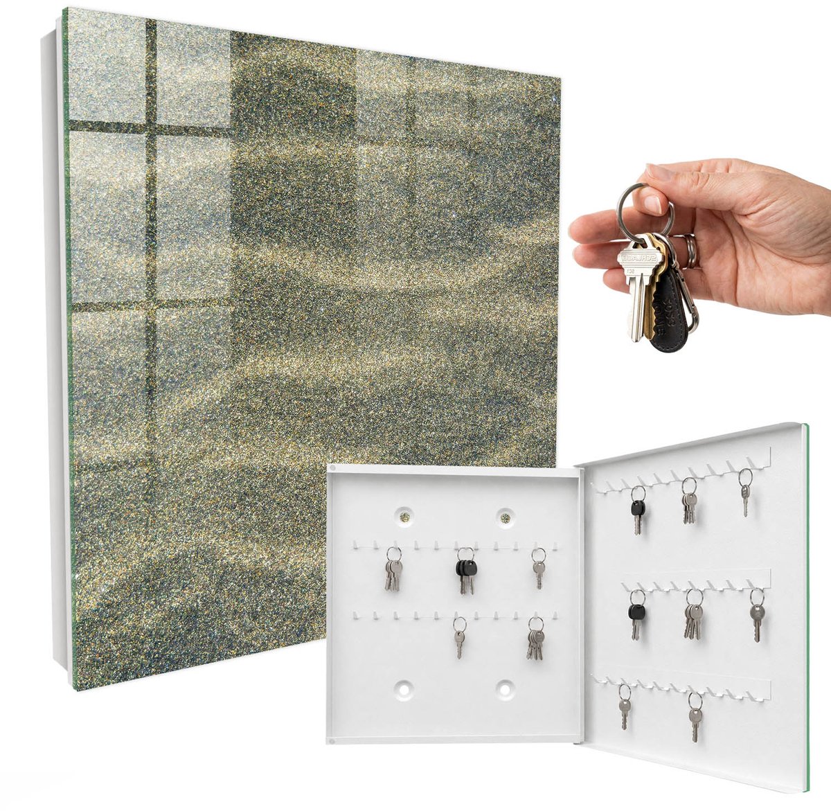 WallMuralia - Sleutelkast - 30x30x5 cm - met 50 haken - Zandgolven Sleutelkastje - Grijs Sleutelbox - Rechtsopenend - Wit interieur
