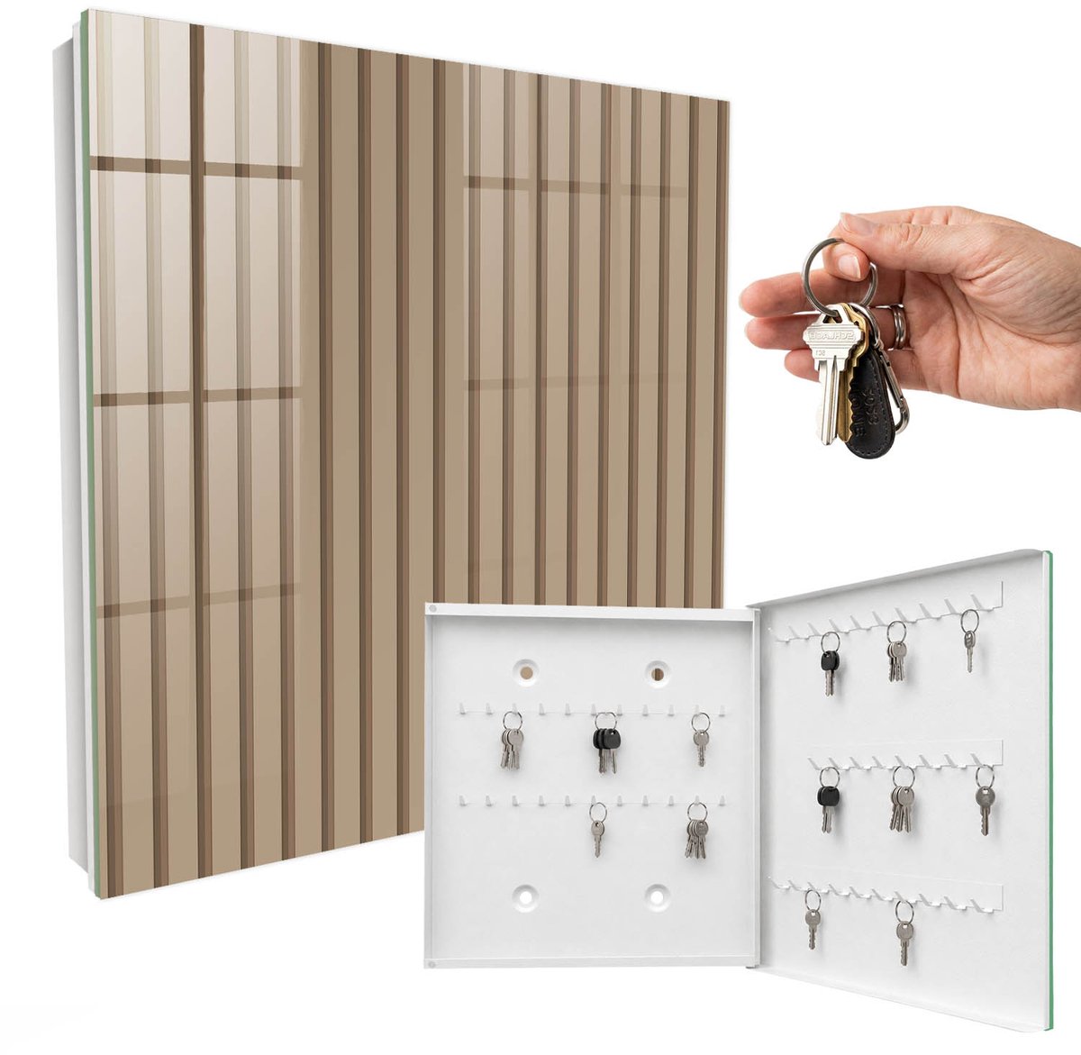 WallMuralia - Sleutelkast - 30x30x5 cm - met 50 haken - Rustgevende Strepen Sleutelkastje Muur - Beige Sleutelbox - Rechtsopenend - Wit interieur