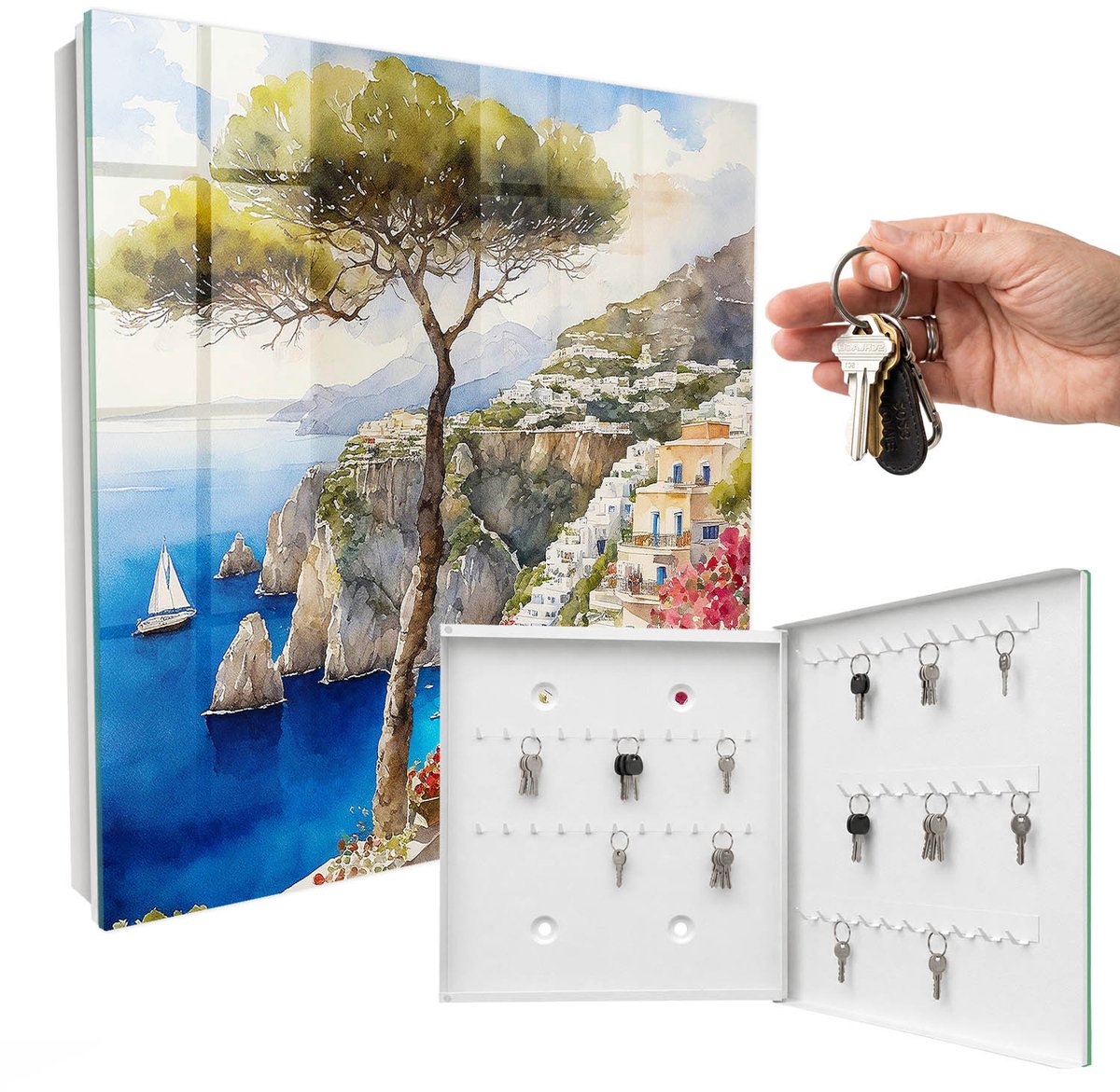 WallMuralia - Sleutelkast - 30x30x5 cm - met 50 haken - Mediterraan Landschap Sleutelkastje Landelijk - Blauw Sleutelbox - Rechtsopenend - Wit interieur