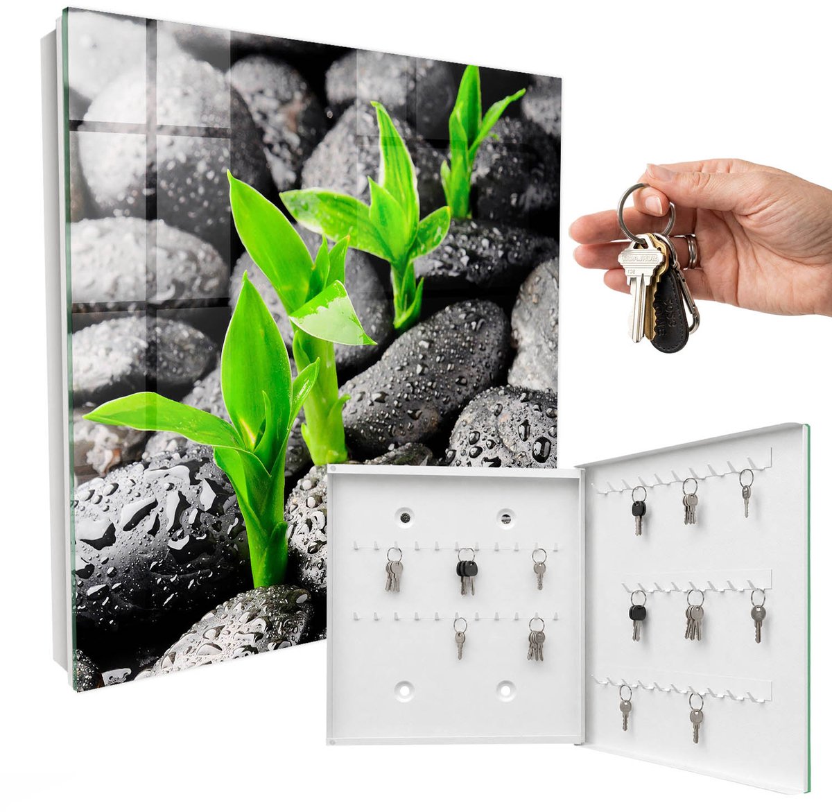 WallMuralia - Sleutelkast - 30x30x5 cm - met 50 haken - Groene Natuur Sleutelkastje Hal - Zwart Sleutelbox - Rechtsopenend - Wit interieur