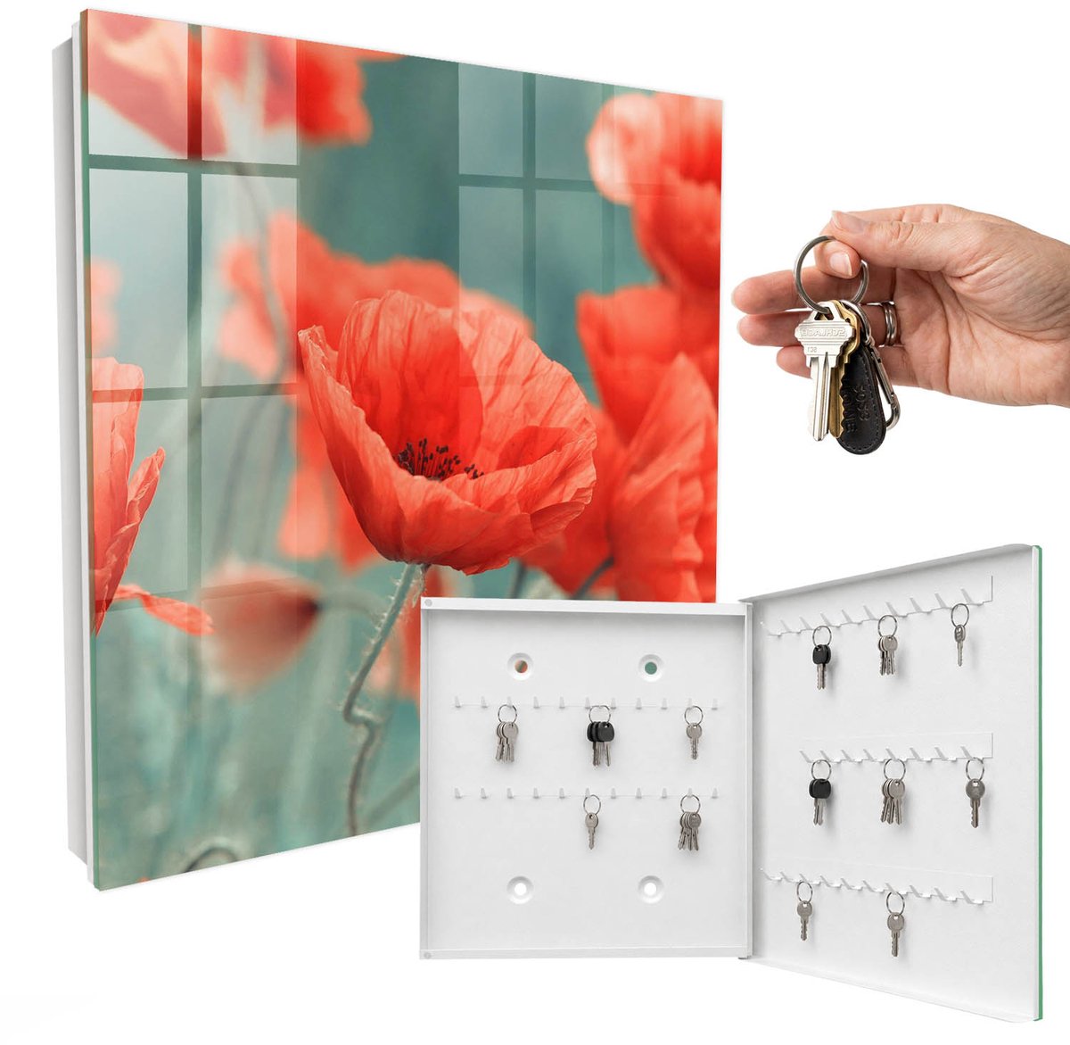 WallMuralia - Sleutelkast - 30x30x5 cm - met 50 haken - Rode Klaprozen Sleutelkastje Muur - Rood Sleutelbox - Rechtsopenend - Wit interieur