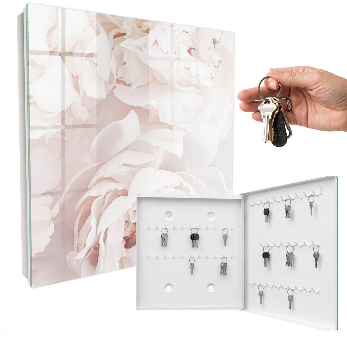 WallMuralia - Sleutelkast - 30x30x5 cm - met 50 haken - Subtiele Elegantie Sleutelkastje - Wit Sleutelbox - Rechtsopenend - Wit interieur