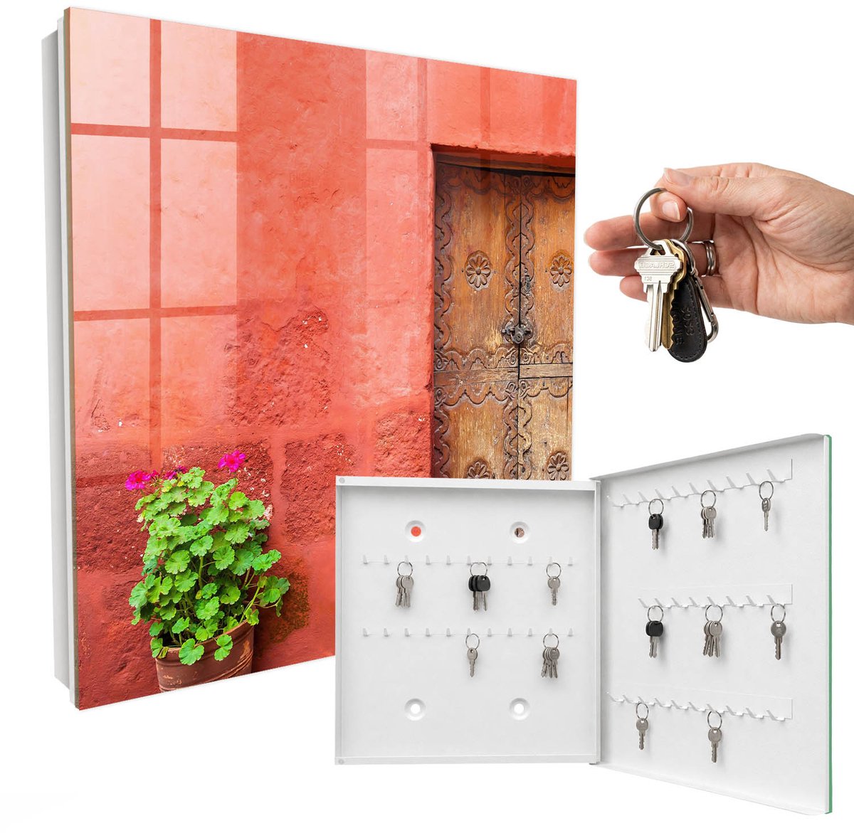 WallMuralia - Sleutelkast - 30x30x5 cm - met 50 haken - Rode Gevel Sleutelkastje Hal - Rood Sleutelbox - Rechtsopenend - Wit interieur