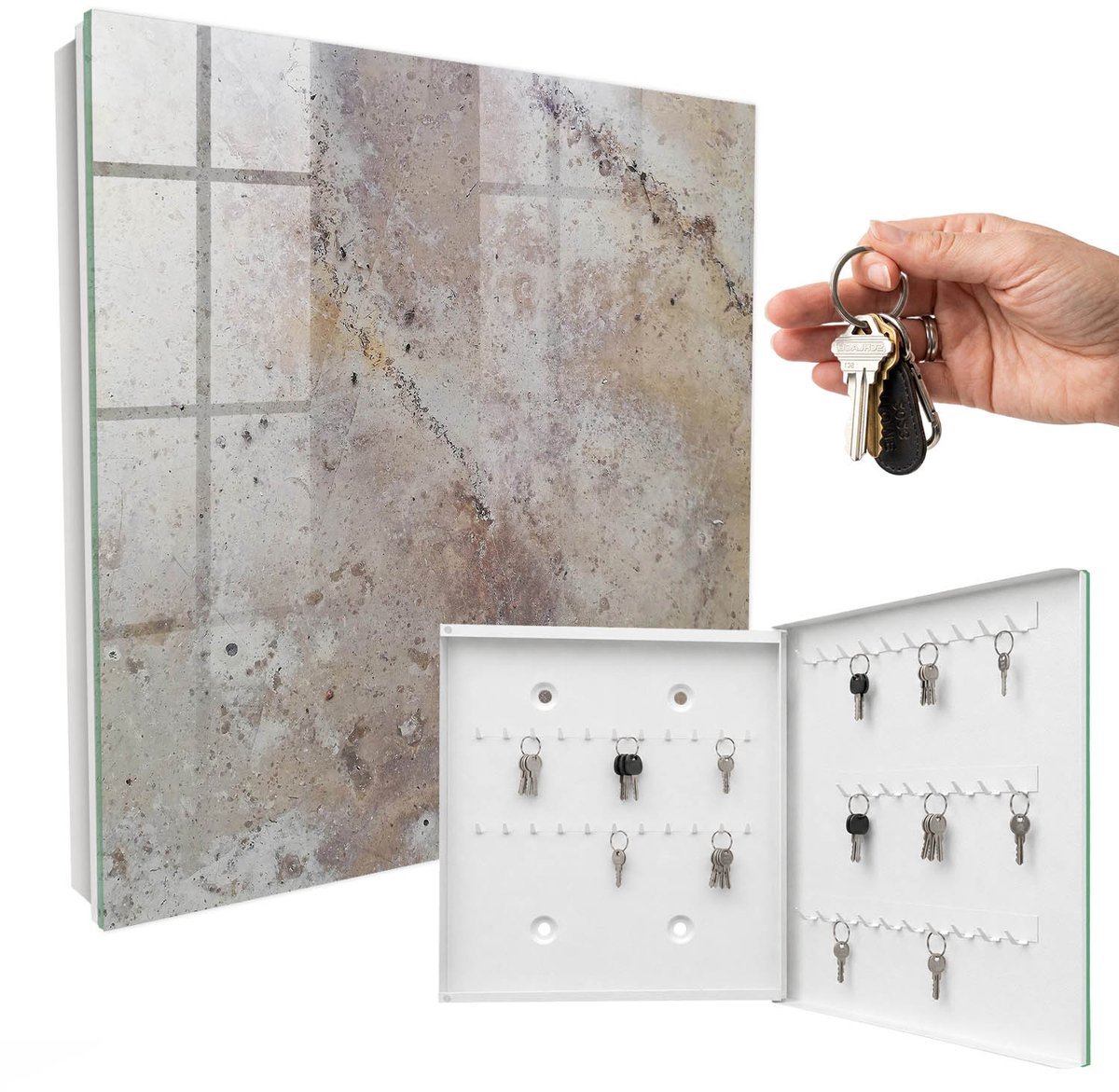 WallMuralia - Sleutelkast - 30x30x5 cm - met 50 haken - Aardse Textuur Sleutelkastje Design - Beige Sleutelbox - Rechtsopenend - Wit interieur