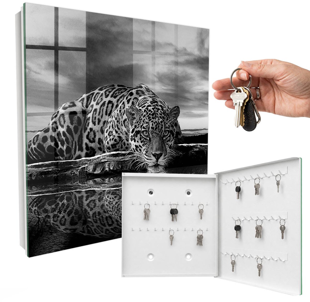 WallMuralia - Sleutelkast - 30x30x5 cm - met 50 haken - Jaguars In Het Water Sleutelkastje Binnen - Zwart-Wit Sleutelbox - Rechtsopenend - Wit interieur