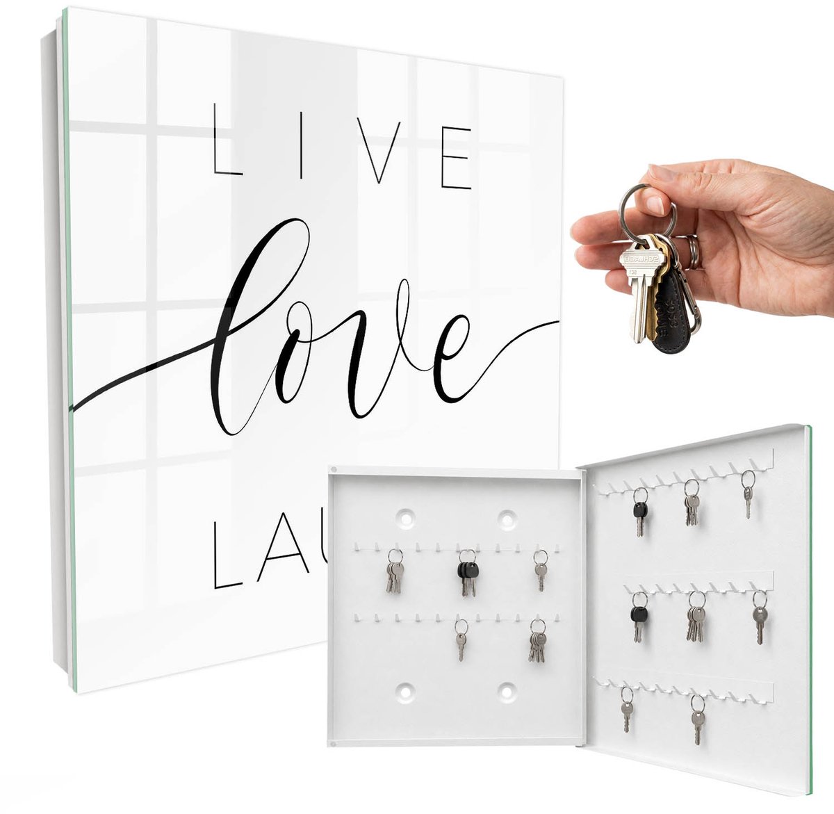 WallMuralia - Sleutelkast - 30x30x5 cm - met 50 haken - Motiverende Citaten Sleutelkastje Voor Binnen - Wit Sleutelbox - Rechtsopenend - Wit interieur