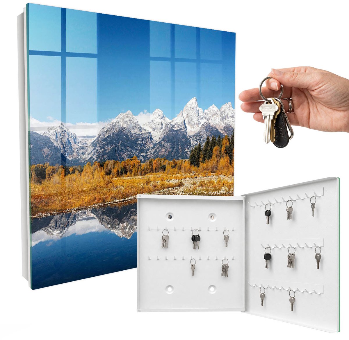 WallMuralia - Sleutelkast - 30x30x5 cm - met 50 haken - Gouden Herfst Sleutelkastje Voor Binnen - Blauw Sleutelbox - Rechtsopenend - Wit interieur