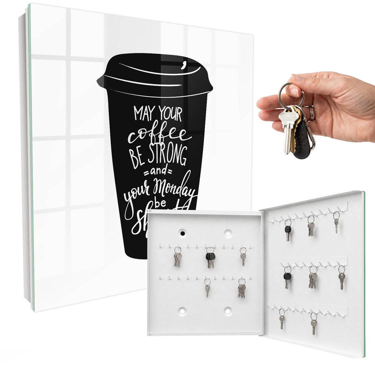 WallMuralia - Sleutelkast - 30x30x5 cm - met 50 haken - Koffie En Humor Sleutelkastje Landelijk - Zwart Sleutelbox - Rechtsopenend - Wit interieur