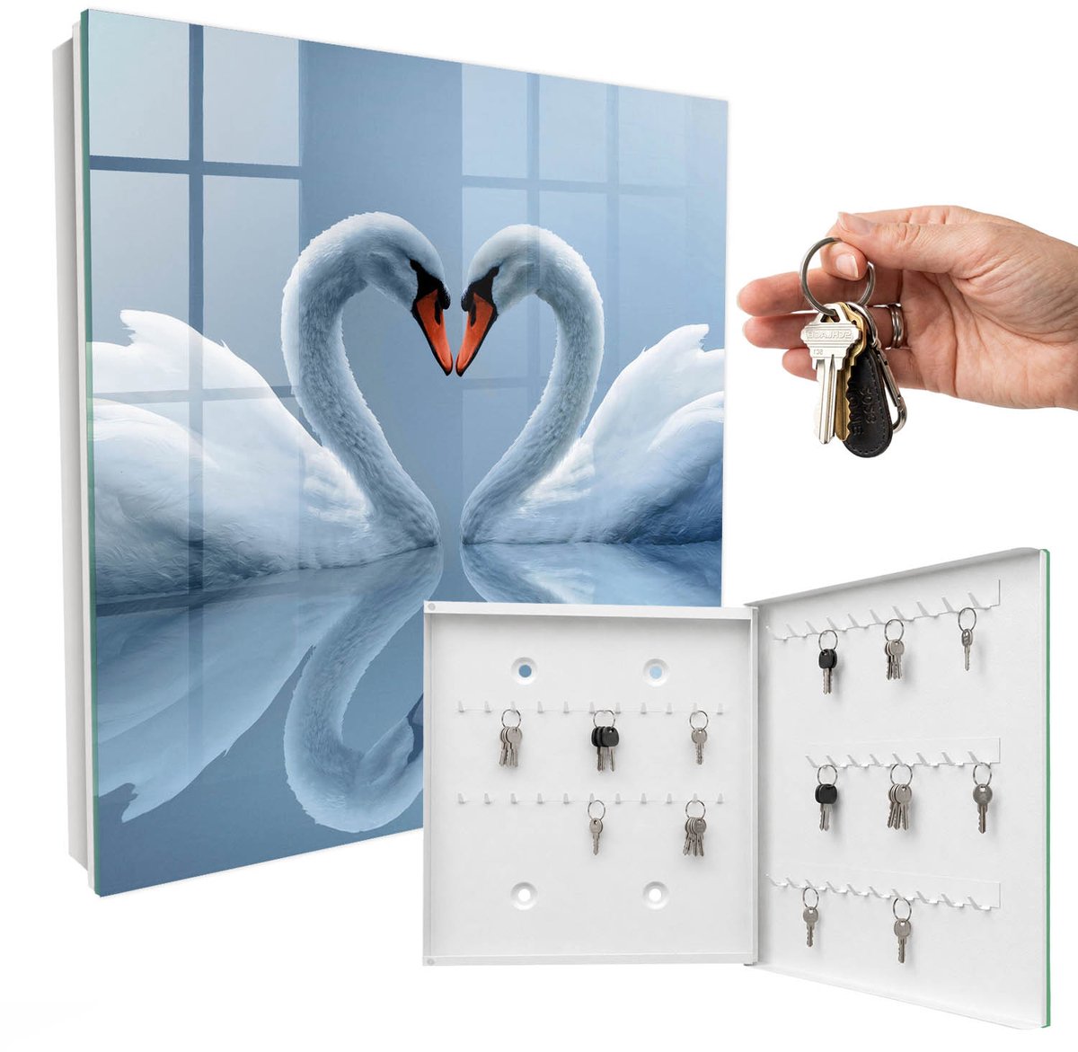 WallMuralia - Sleutelkast - 30x30x5 cm - met 50 haken - Zwanenliefde Leuk Sleutelkastje - Wit Sleutelbox - Rechtsopenend - Wit interieur