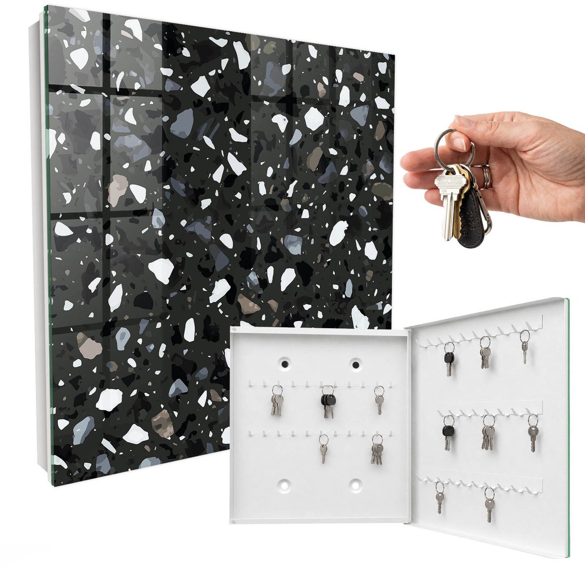 WallMuralia - Sleutelkast - 30x30x5 cm - met 50 haken - Stijlvol Mozaïek Sleutelkastje Voor Binnen - Zwart Sleutelbox - Rechtsopenend - Wit interieur
