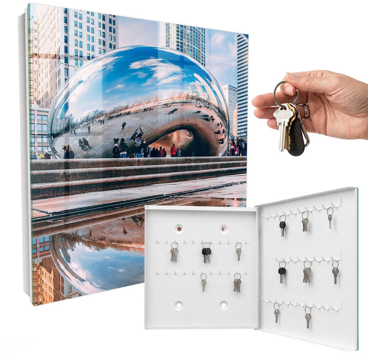 WallMuralia - Sleutelkast - 30x30x5 cm - met 50 haken - Stedelijke Reflectie Sleutelkastje Muur - Blauw Sleutelbox - Rechtsopenend - Wit interieur