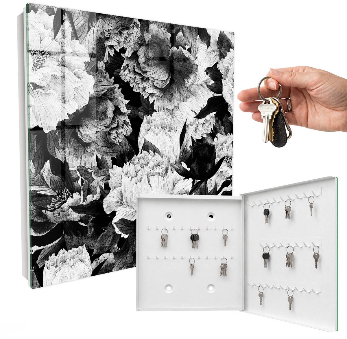 WallMuralia - Sleutelkast - 30x30x5 cm - met 50 haken - Zwart-Witte Bloemen Sleutelkastje Modern - Grijs Sleutelbox - Rechtsopenend - Wit interieur