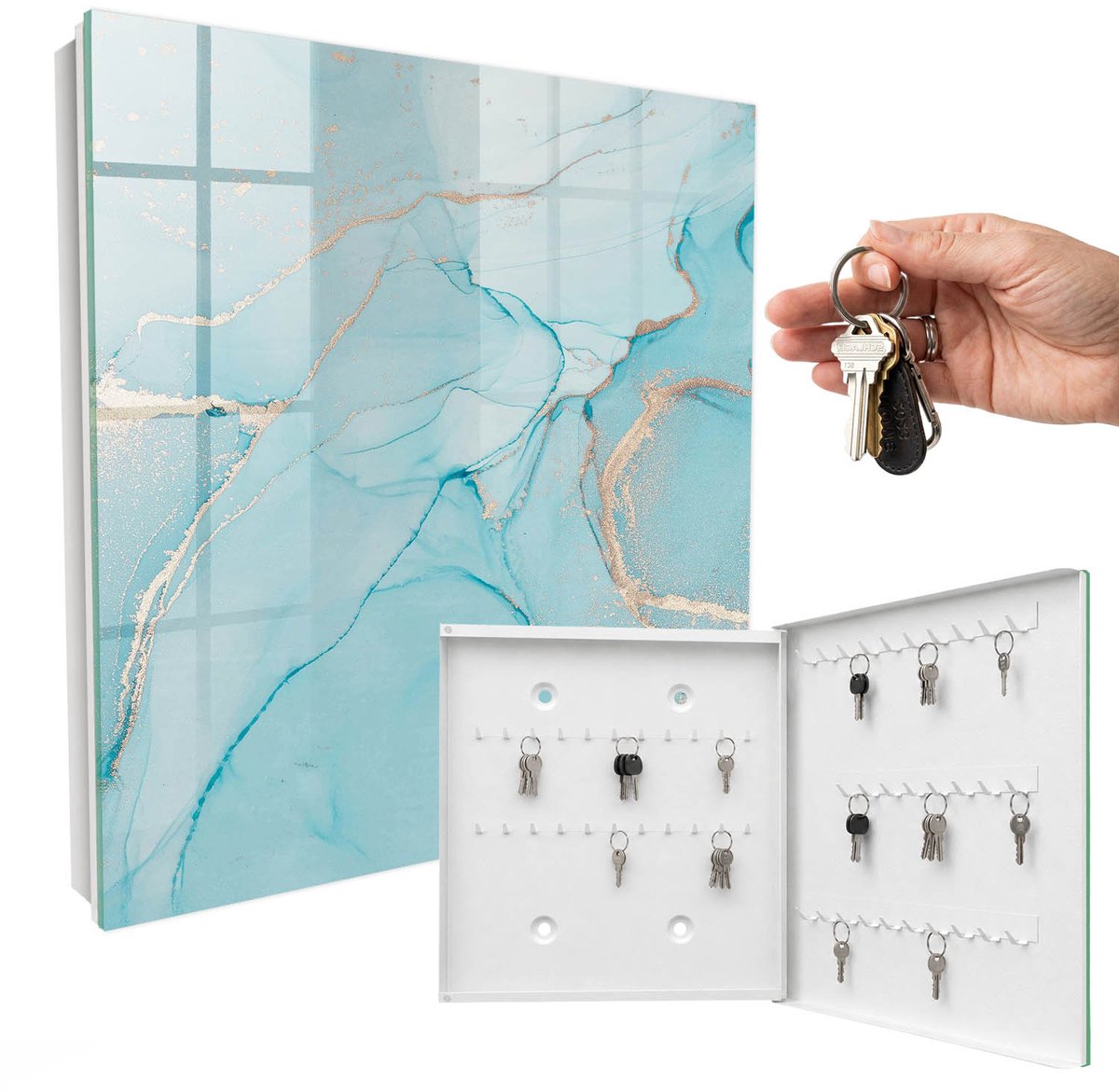WallMuralia - Sleutelkast - 30x30x5 cm - met 50 haken - Blauwe Dromen Sleutelkastje Modern - Blauw Sleutelbox - Rechtsopenend - Wit interieur