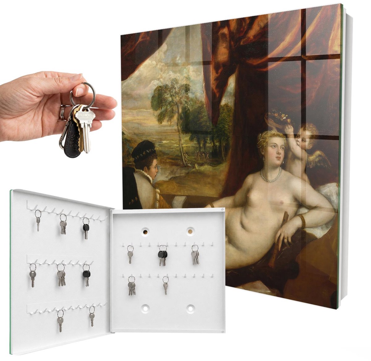 WallMuralia - Sleutelkast - 30x30x5 cm - met 50 haken - Titiaan Venus En De Luitspeler Sleutelkastje - Bruin Sleutelbox - Linksopenend - Wit interieur