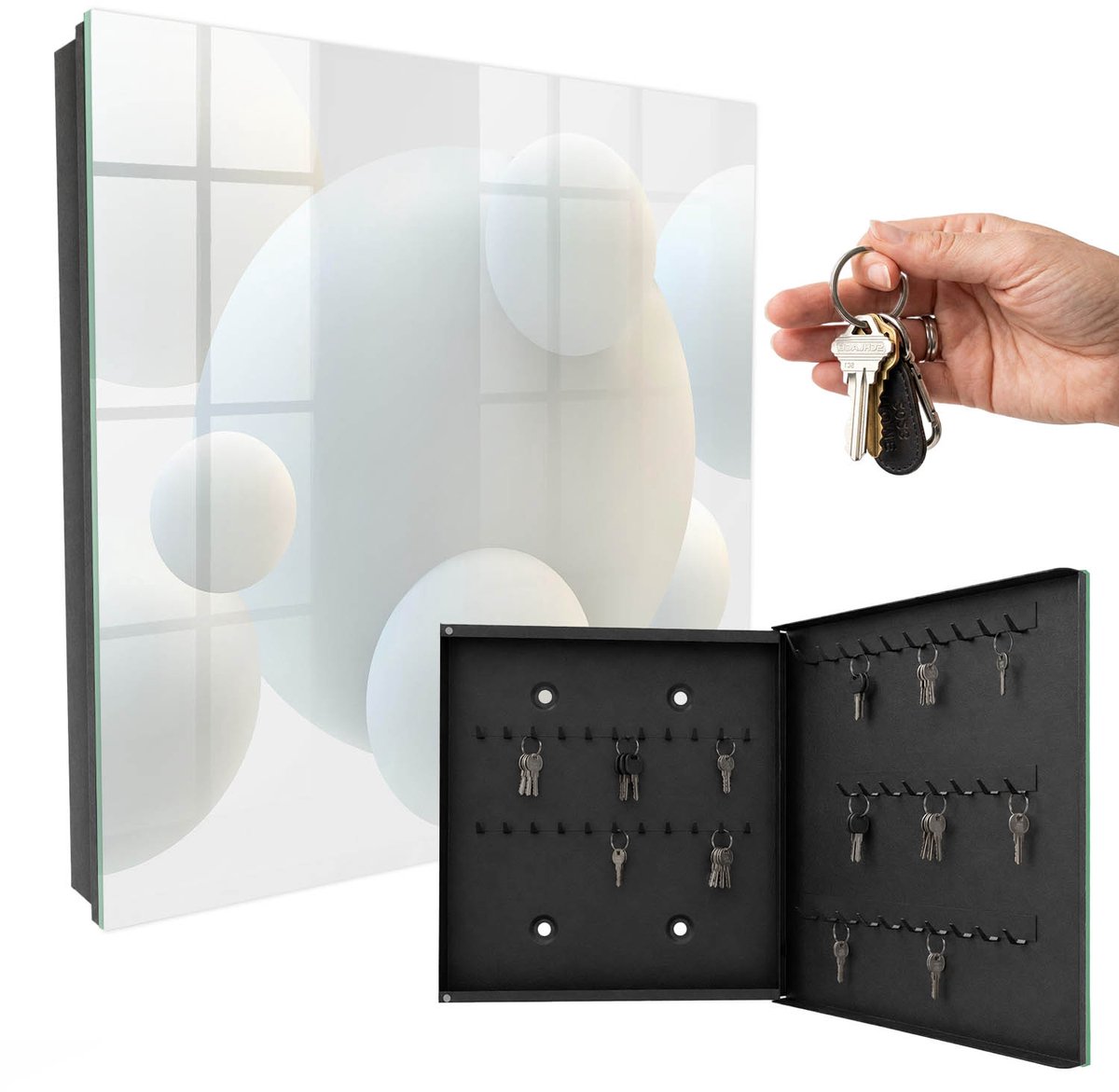 WallMuralia - Sleutelkast - 30x30x5 cm - met 50 haken - Delicate Ballen Design Sleutelkastje - Wit Sleutelbox - Rechtsopenend - Zwart interieur