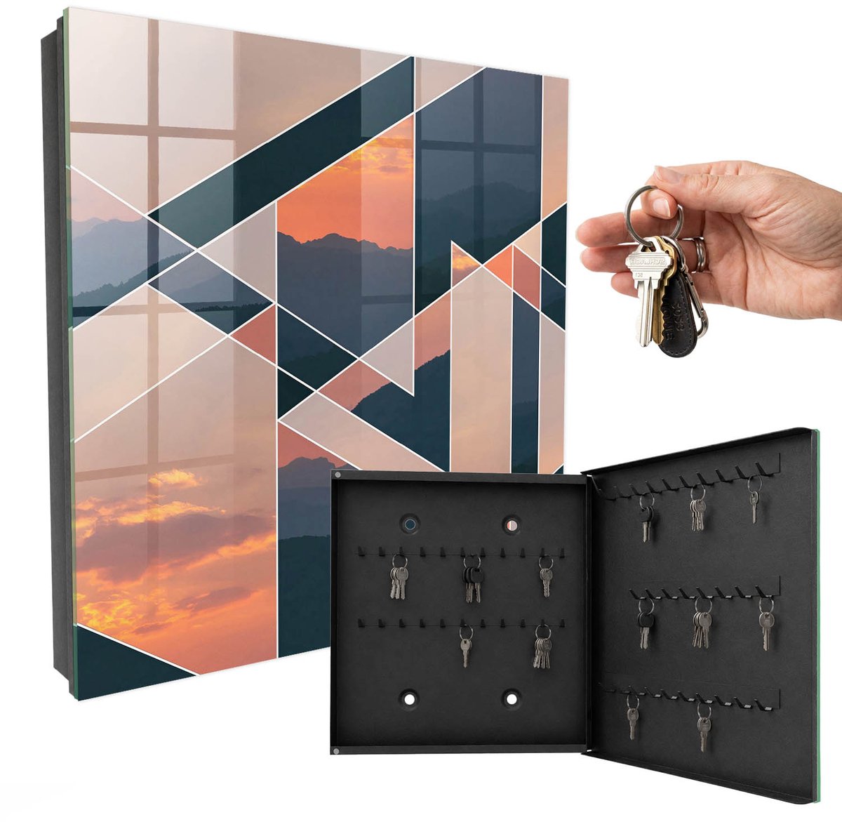 WallMuralia - Sleutelkast - 30x30x5 cm - met 50 haken - Bergachtig Westen Sleutelkastje Industrieel - Oranje Sleutelbox - Rechtsopenend - Zwart interieur