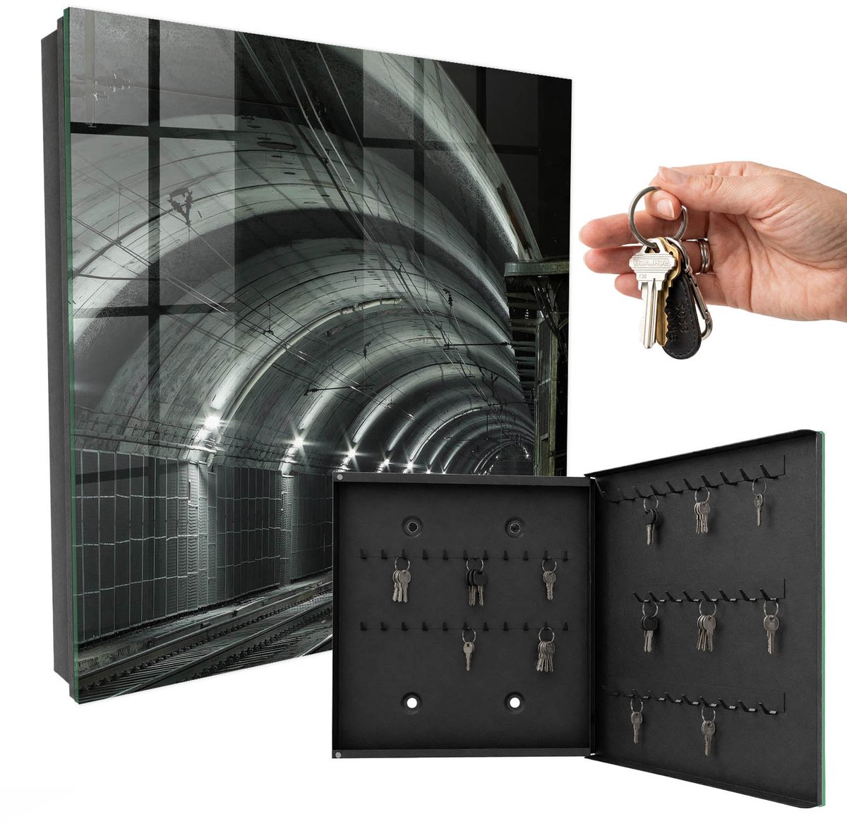 WallMuralia - Sleutelkast - 30x30x5 cm - met 50 haken - Spoorwegtunnel Sleutelkastje Modern - Grijs Sleutelbox - Rechtsopenend - Zwart interieur
