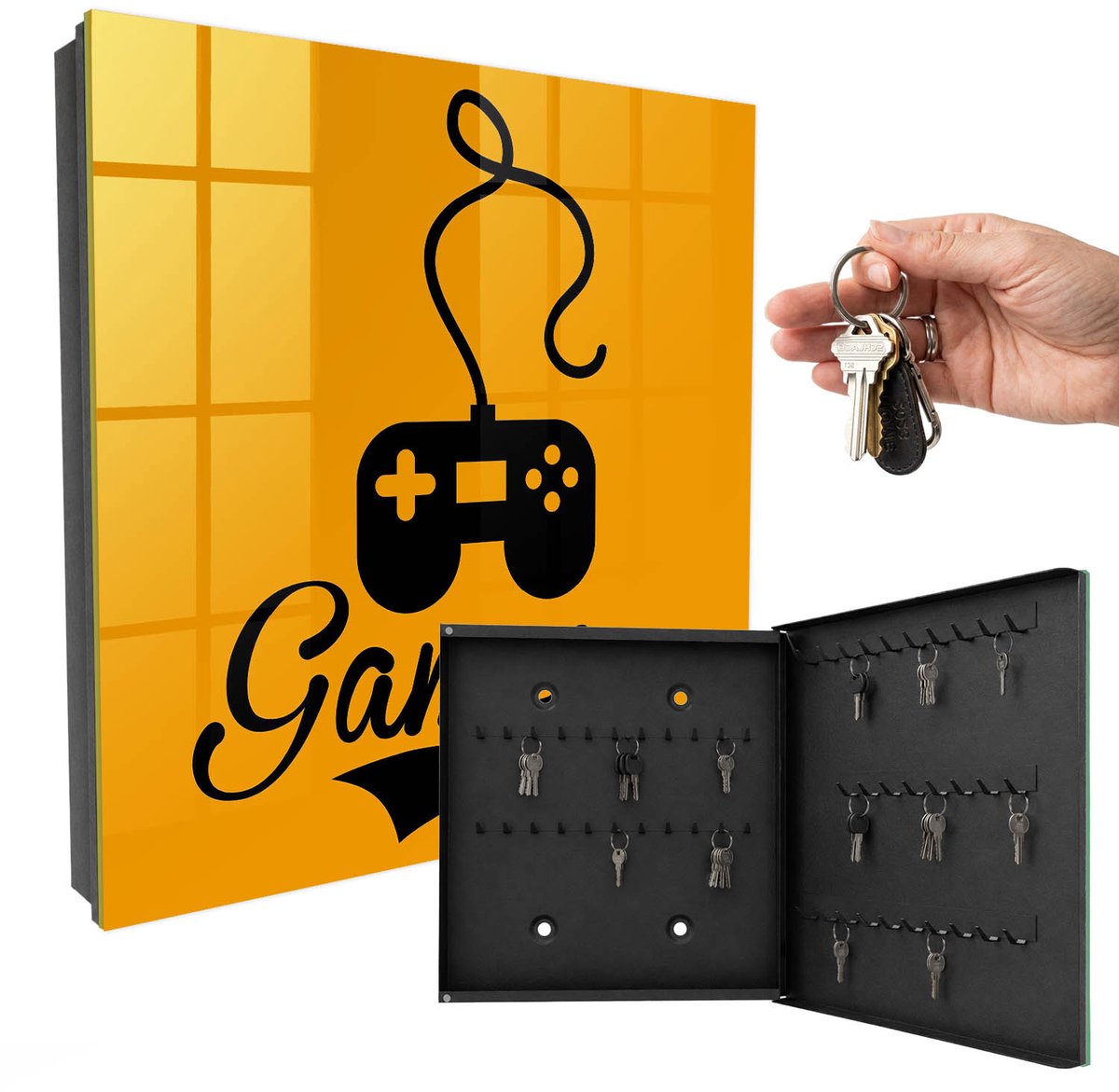 WallMuralia - Sleutelkast - 30x30x5 cm - met 50 haken - Pad En Het Woord Gamer Sleutelkastje Klein - Oranje Sleutelbox - Rechtsopenend - Zwart interieur