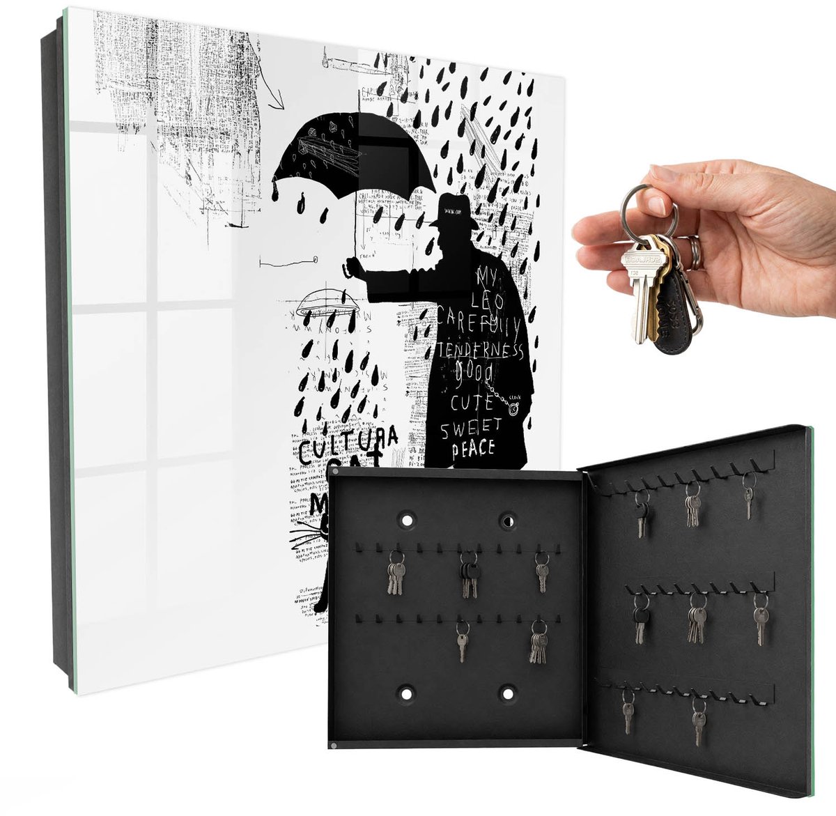 WallMuralia - Sleutelkast - 30x30x5 cm - met 50 haken - Zwart Silhouet Design Sleutelkastje - Zwart Sleutelbox - Rechtsopenend - Zwart interieur