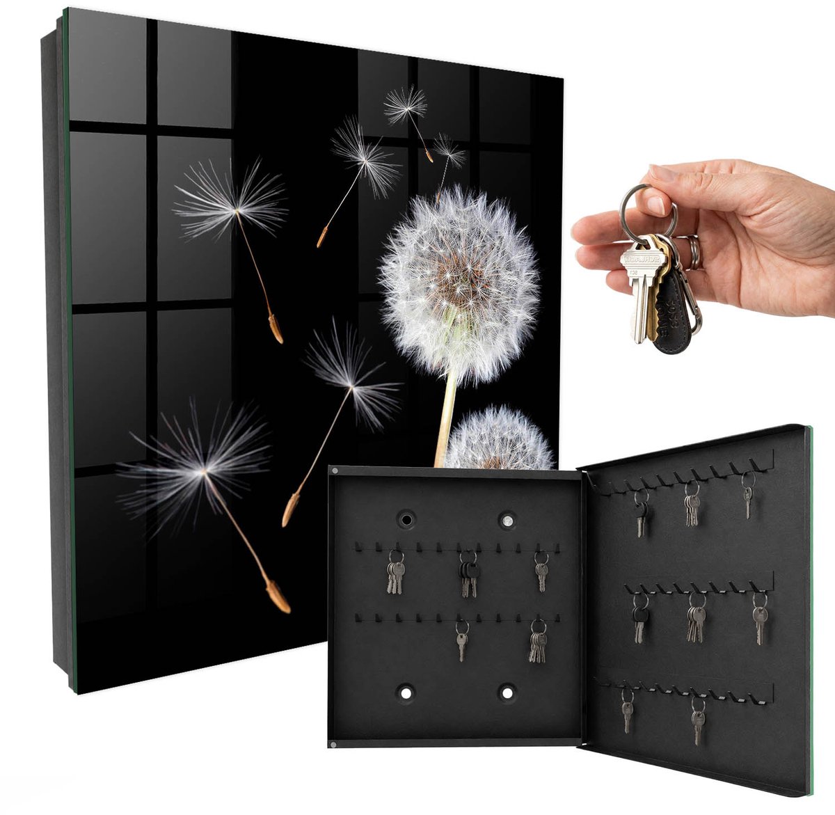 WallMuralia - Sleutelkast - 30x30x5 cm - met 50 haken - Tere Paardenbloemen Sleutelkastje Muur - Zwart Sleutelbox - Rechtsopenend - Zwart interieur