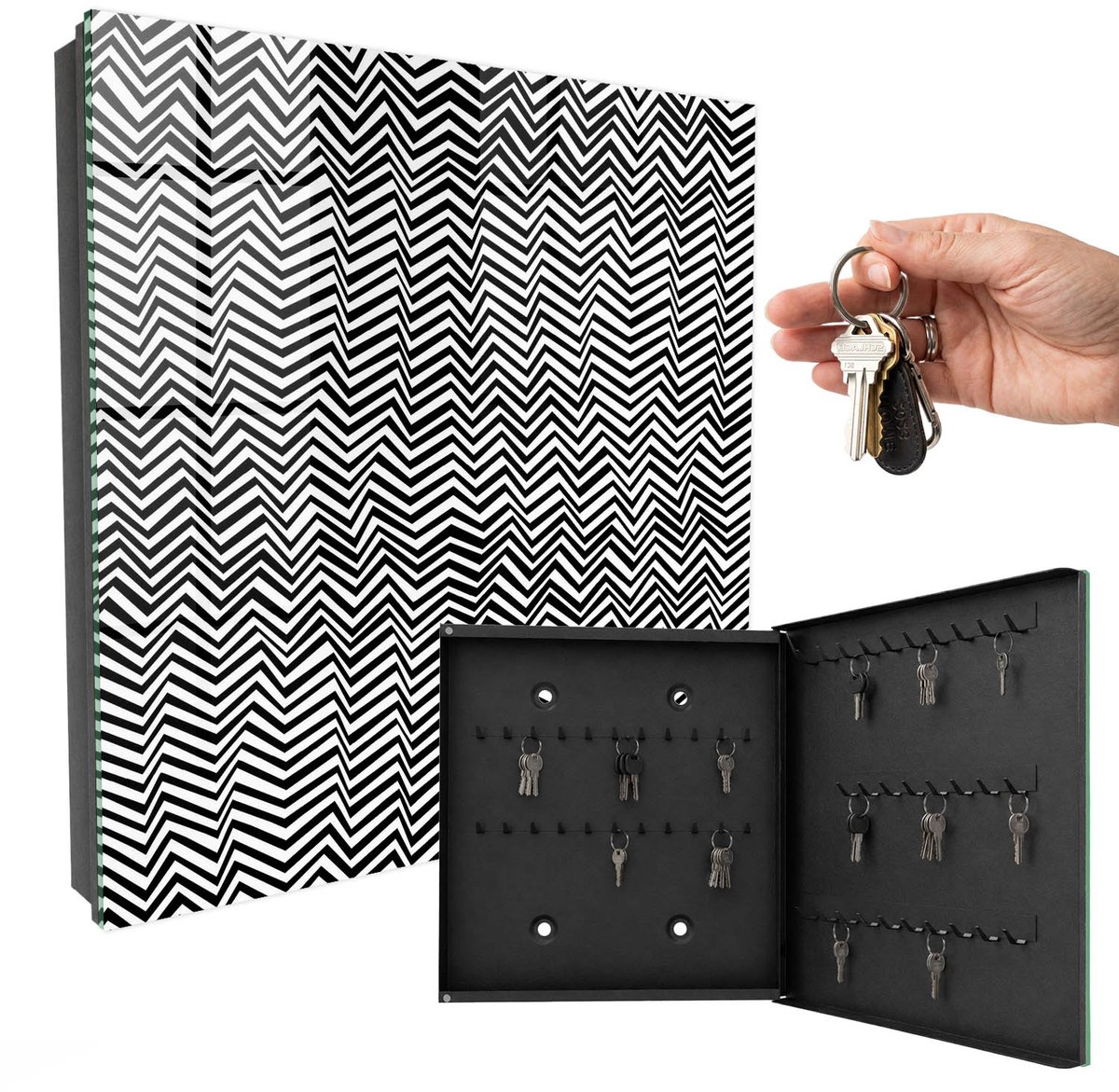 WallMuralia - Sleutelkast - 30x30x5 cm - met 50 haken - Zigzags Dynamisch Sleutelkastje Landelijk - Zwart-Wit Sleutelbox - Rechtsopenend - Zwart interieur
