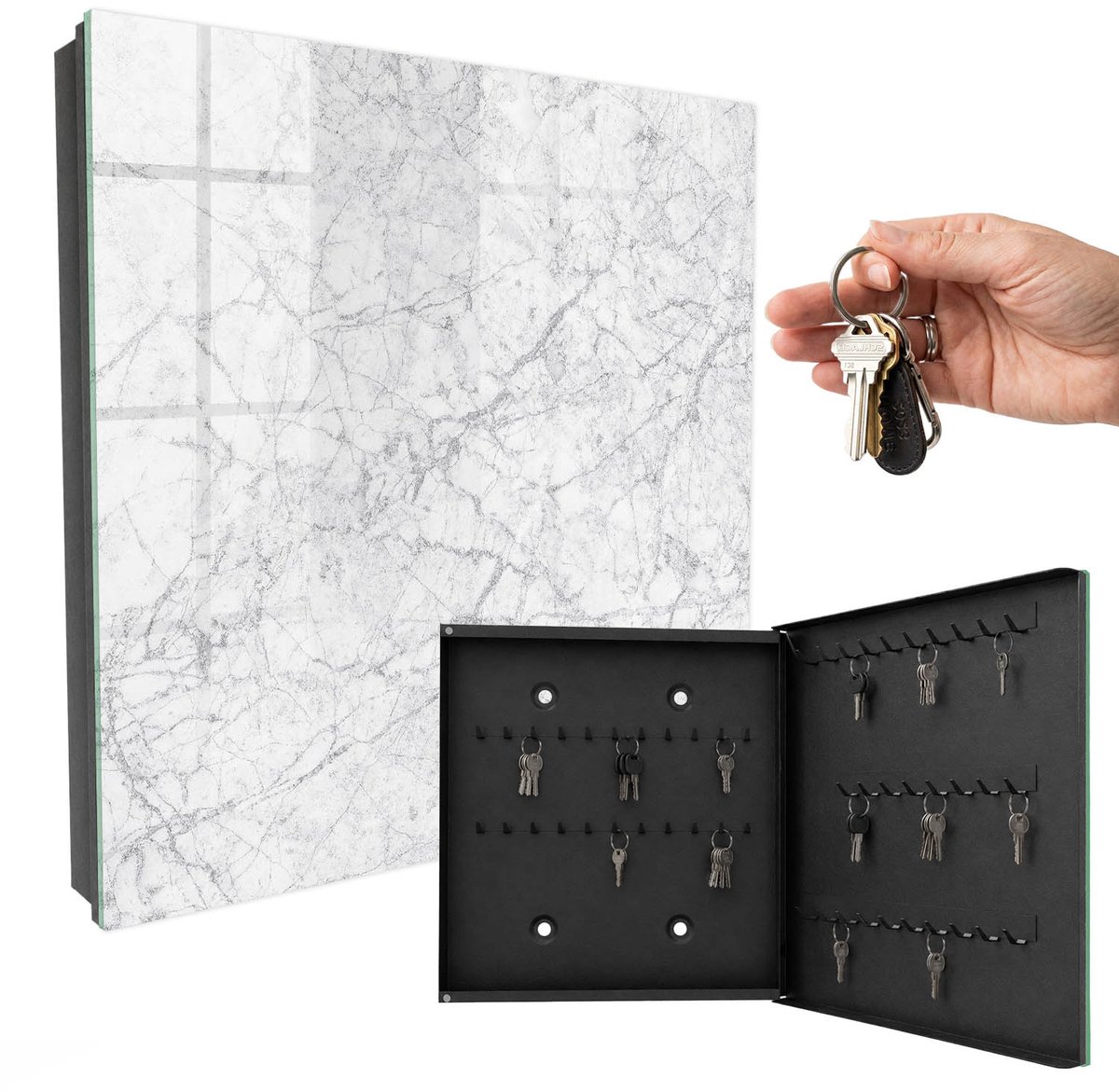 WallMuralia - Sleutelkast - 30x30x5 cm - met 50 haken - Marmeren Elegantie Sleutelkastje Modern - Wit Sleutelbox - Rechtsopenend - Zwart interieur