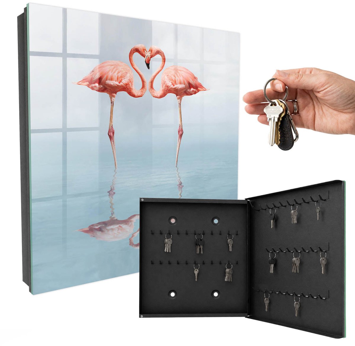 WallMuralia - Sleutelkast - 30x30x5 cm - met 50 haken - Flamingo'S Zijn Dol Op Sleutelkastje Landelijk - Roze Sleutelbox - Rechtsopenend - Zwart interieur