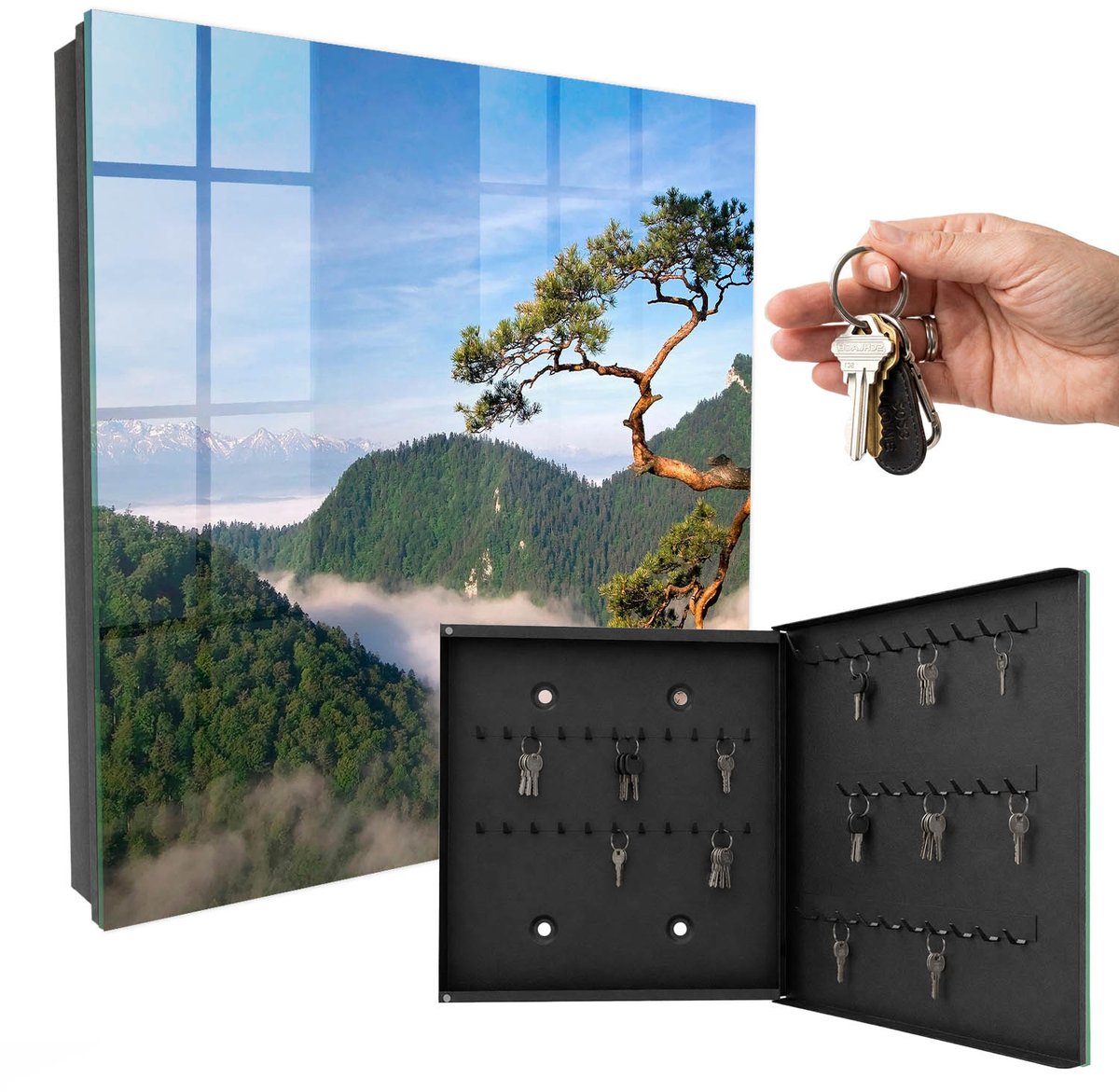 WallMuralia - Sleutelkast - 30x30x5 cm - met 50 haken - Berglandschap Leuk Sleutelkastje - Groente Sleutelbox - Rechtsopenend - Zwart interieur