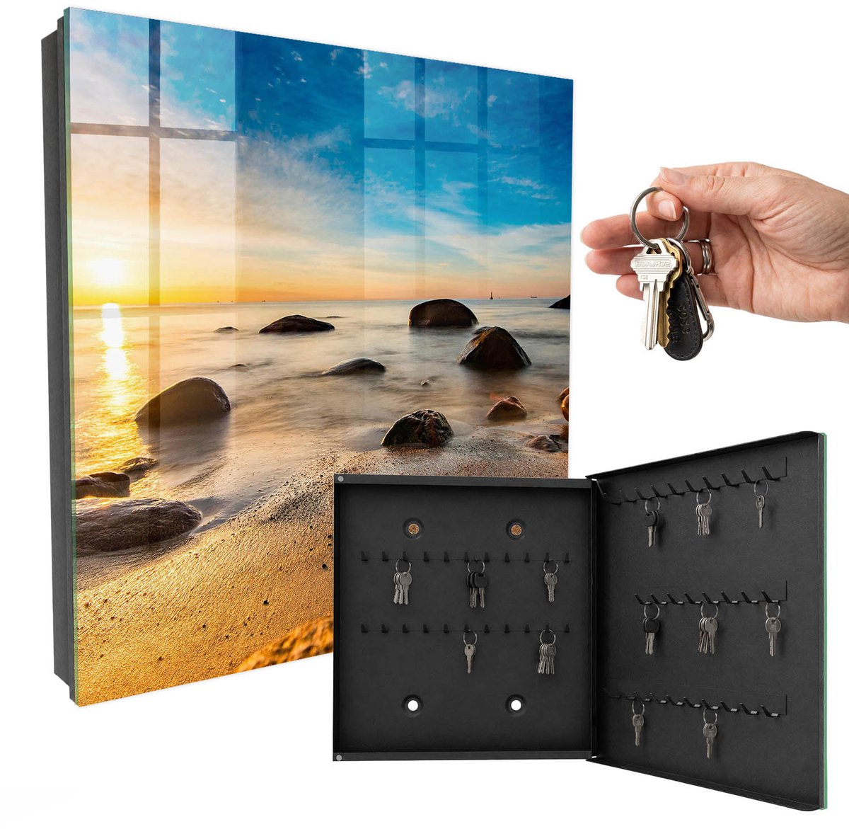 WallMuralia - Sleutelkast - 30x30x5 cm - met 50 haken - Westkust Sleutelkastje Design - Blauw Sleutelbox - Rechtsopenend - Zwart interieur