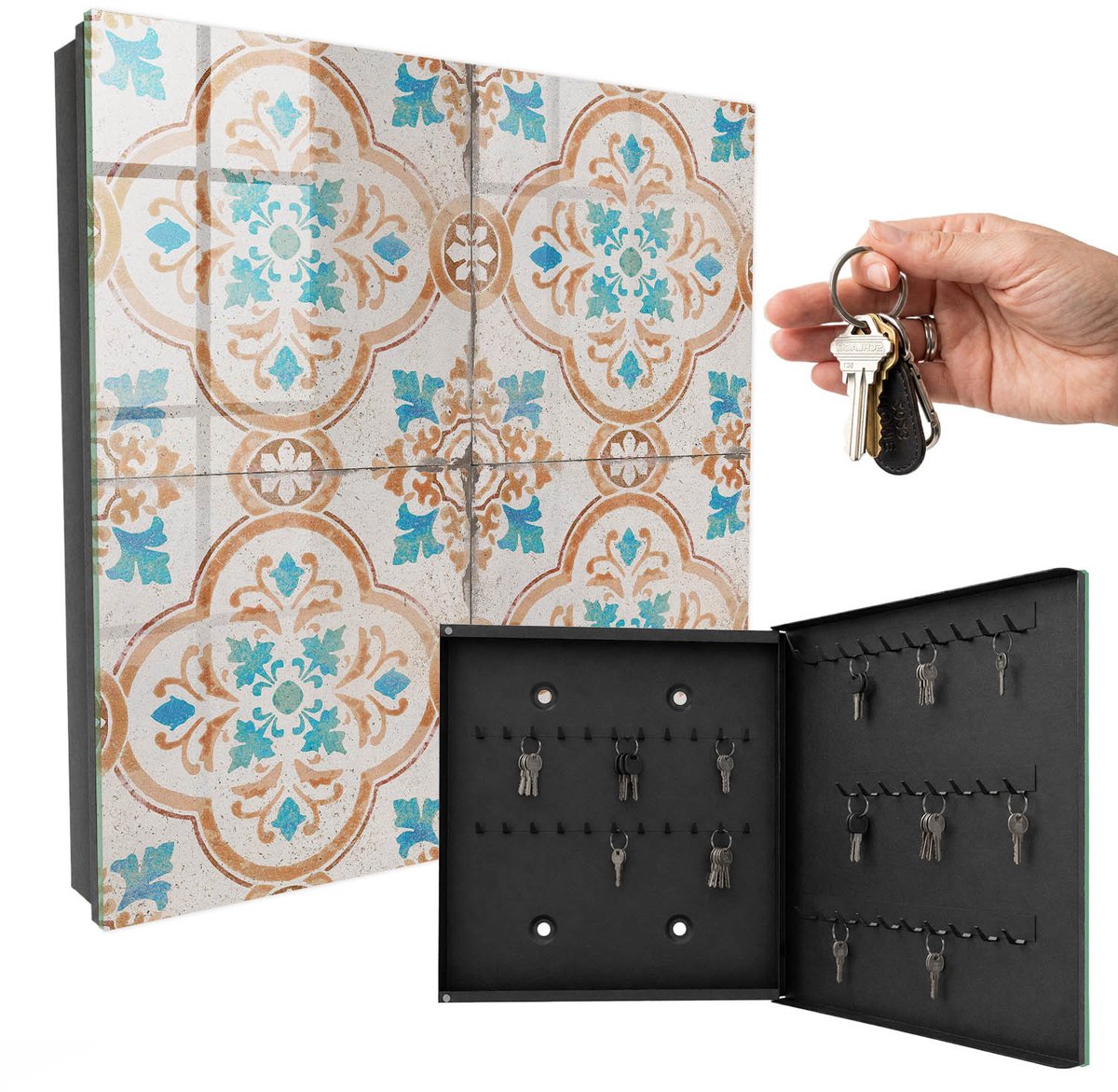 WallMuralia - Sleutelkast - 30x30x5 cm - met 50 haken - Tegelpatroon Leuk Sleutelkastje - Grijs Sleutelbox - Rechtsopenend - Zwart interieur