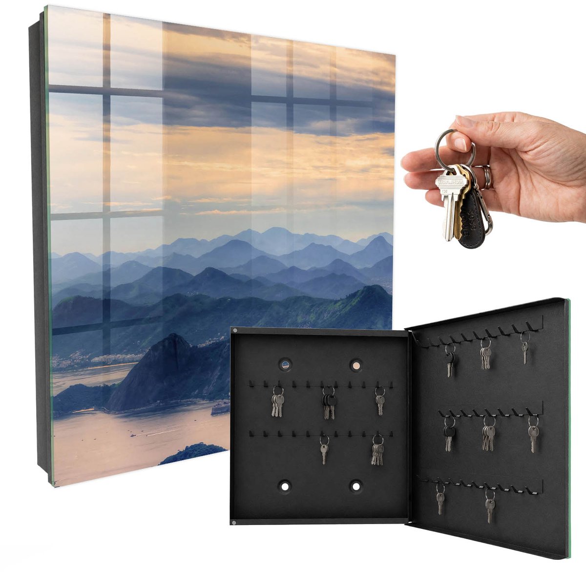 WallMuralia - Sleutelkast - 30x30x5 cm - met 50 haken - Berglandschap Sleutelkastje Voor Binnen - Blauw Sleutelbox - Rechtsopenend - Zwart interieur