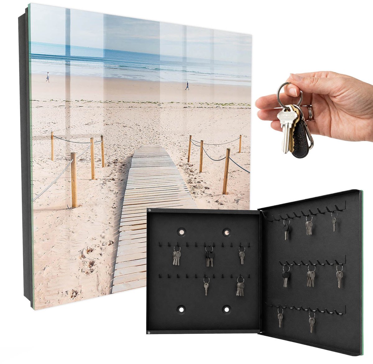WallMuralia - Sleutelkast - 30x30x5 cm - met 50 haken - Zeestrand Sleutelkastje Gang - Beige Sleutelbox - Rechtsopenend - Zwart interieur