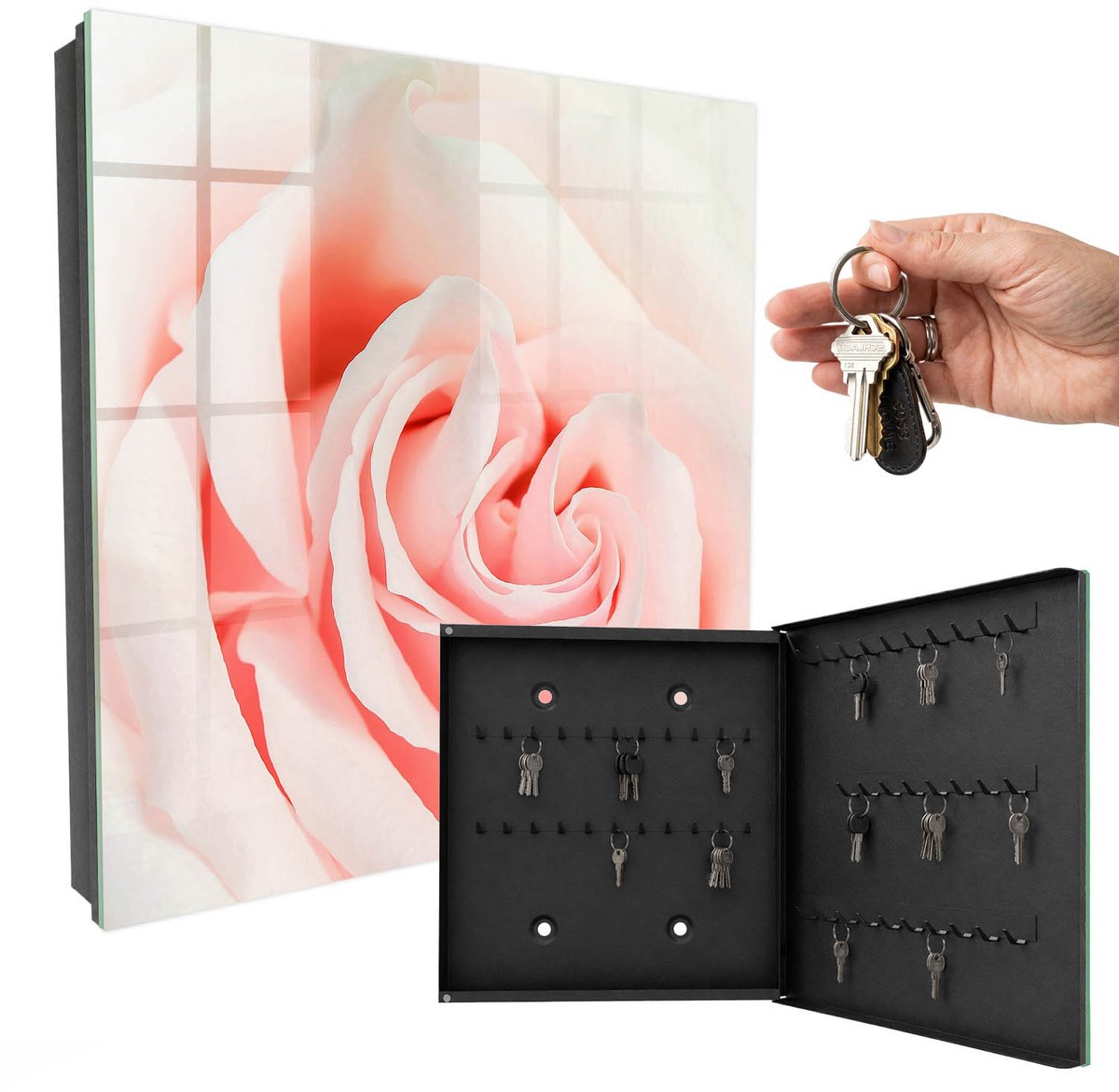 WallMuralia - Sleutelkast - 30x30x5 cm - met 50 haken - Romantische Roos Sleutelkastje Gang - Roze Sleutelbox - Rechtsopenend - Zwart interieur