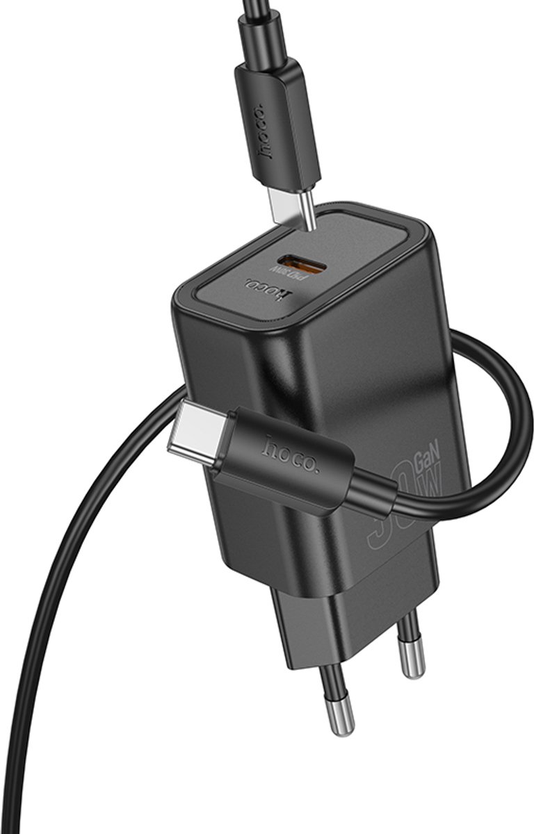 Hoco USB C Oplader Geschikt voor iPhone en Samsung met USB C Kabel - 1 Meter - 30W - Snellader - Zwart