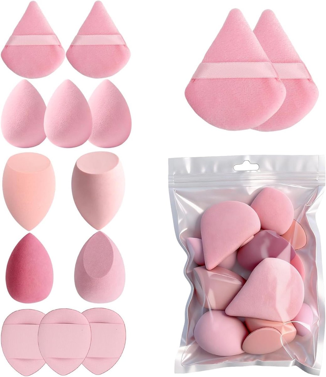 14 stuks make-upsponsset, make-up-ei & beautyspons voor vloeistof, foundation, crème en poeder, poederkwasten, cosmetica, make-upsponsset voor natuurlijke finish in roze