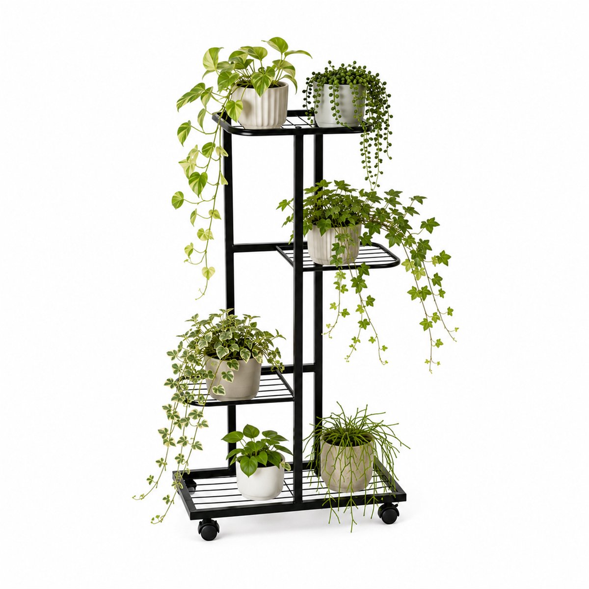 REFTTENW Plantenrek Binnen Met Wielen - 4 Niveaus - Compacte Plantenstandaard Voor Kleine Planten - Metaal - Bloemenrek Buiten Voor Woonkamer, Tuin & Balkon - 87 Cm Hoog