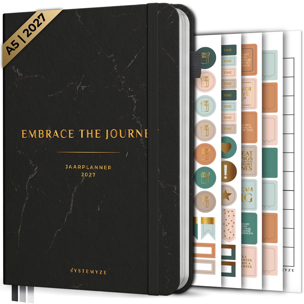 Systemyze Agenda 2027 A5 Hardcover - Weekplanner - Maandplanner - Planner - Jaarplanner 2027 - Habit Tracker - 170 Stickers - Marble