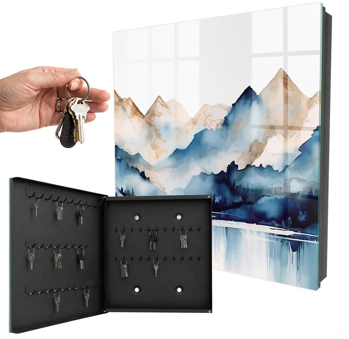 WallMuralia - Sleutelkast - 30x30x5 cm - met 50 haken - Aquarel Bergen Sleutelkastje Modern - Blauw Sleutelbox - Linksopenend - Zwart interieur