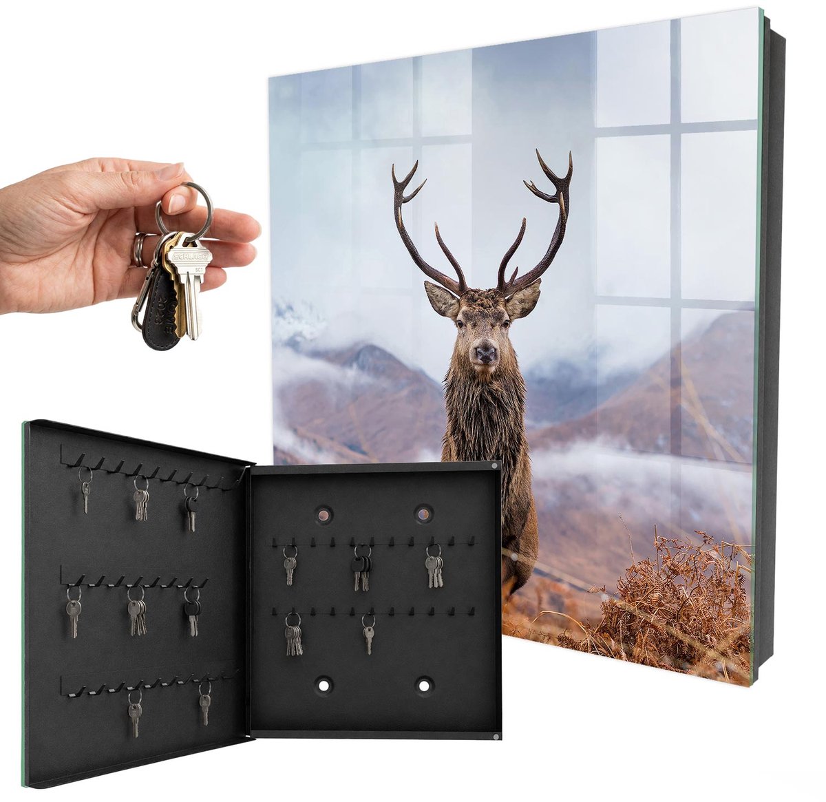 WallMuralia - Sleutelkast - 30x30x5 cm - met 50 haken - Berghert Sleutelkastje Gang - Bruin Sleutelbox - Linksopenend - Zwart interieur