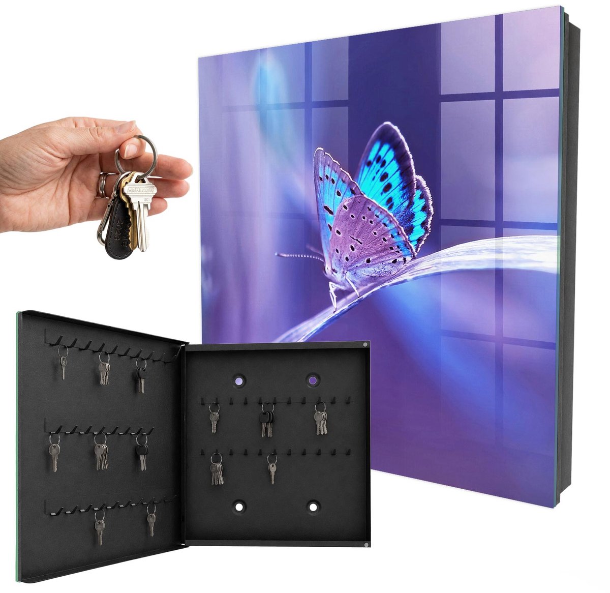 WallMuralia - Sleutelkast - 30x30x5 cm - met 50 haken - Kleurrijke Vlinder Design Sleutelkastje - Paars Sleutelbox - Linksopenend - Zwart interieur