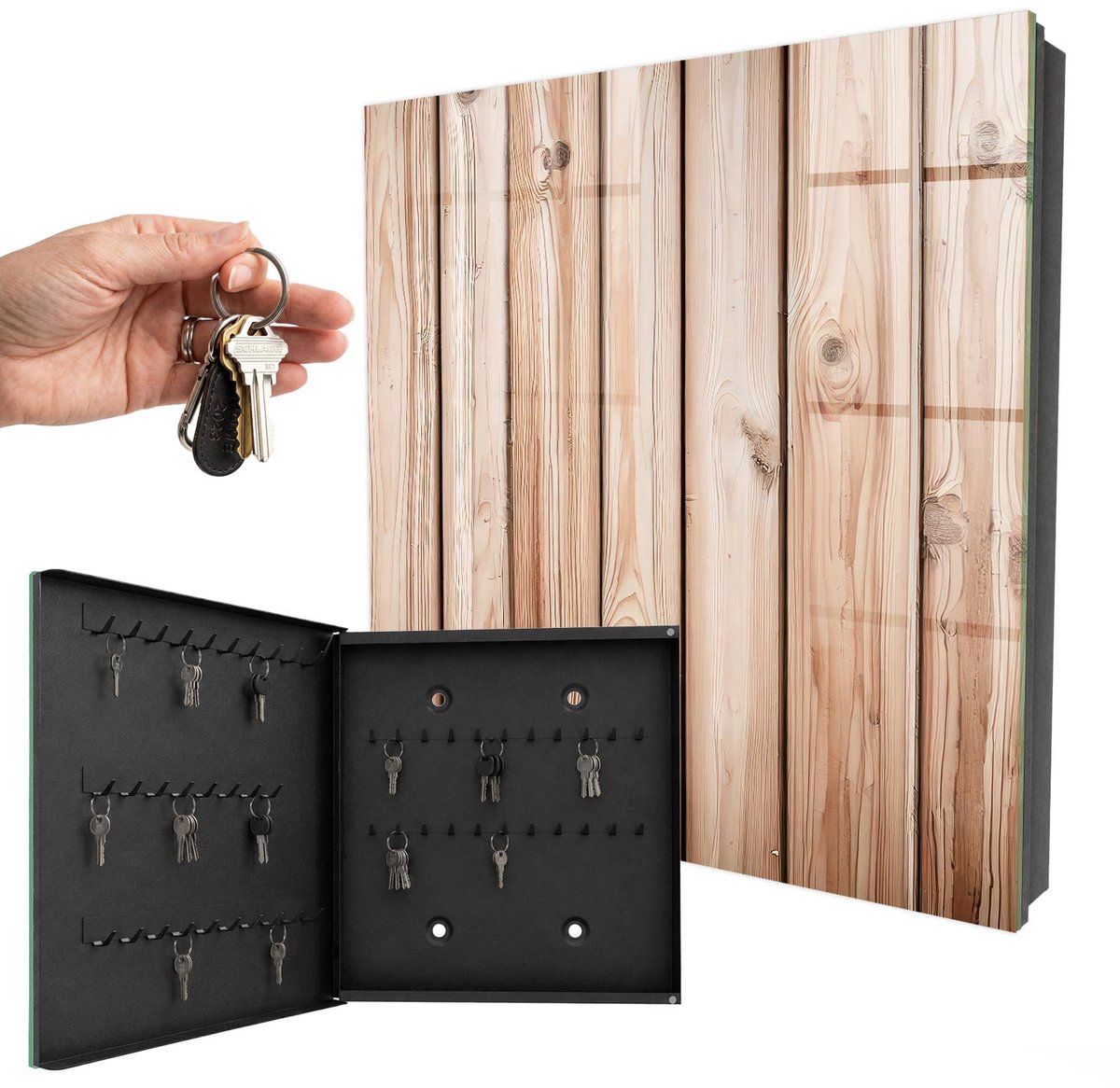 WallMuralia - Sleutelkast - 30x30x5 cm - met 50 haken - Houten Planken Leuk Sleutelkastje - Beige Sleutelbox - Linksopenend - Zwart interieur