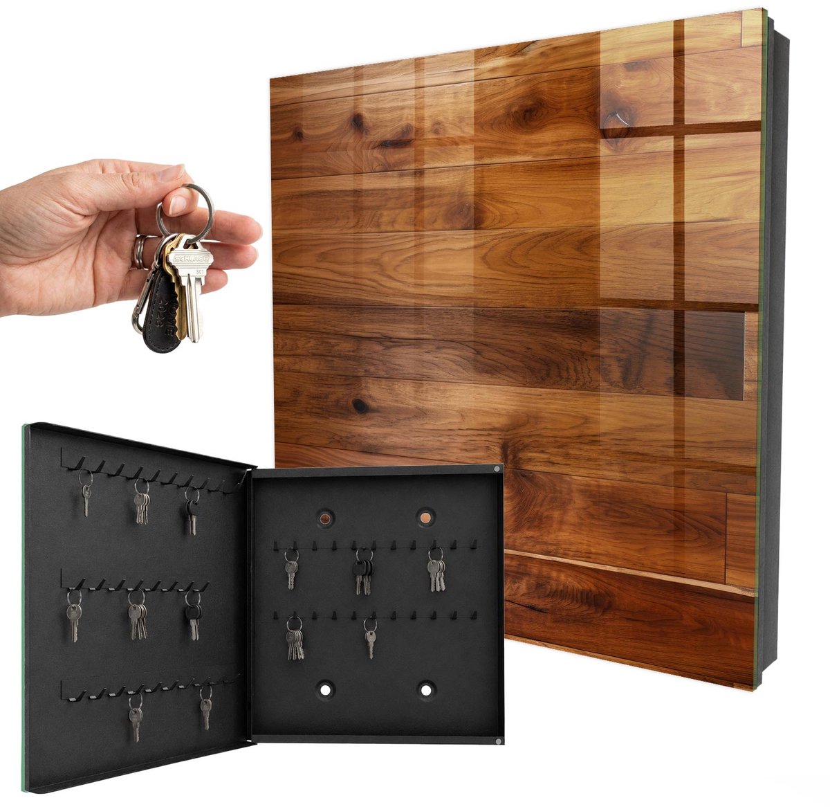 WallMuralia - Sleutelkast - 30x30x5 cm - met 50 haken - Houten Planken Sleutelkastje Muur - Bruin Sleutelbox - Linksopenend - Zwart interieur