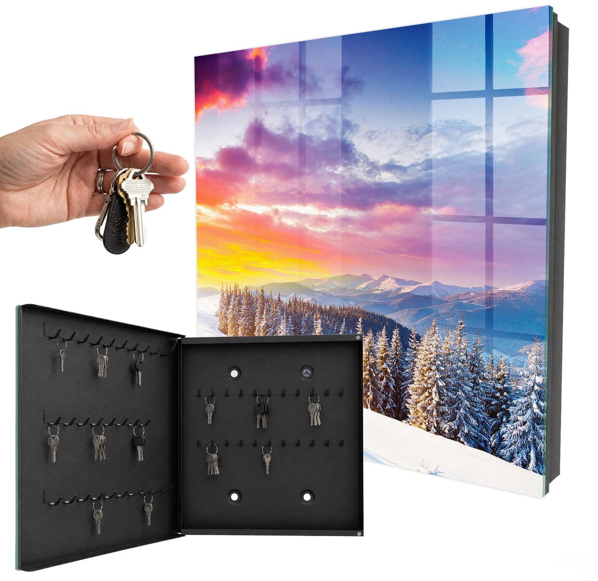 WallMuralia - Sleutelkast - 30x30x5 cm - met 50 haken - Winterse Zonsondergang Sleutelkastje Gang - Paars Sleutelbox - Linksopenend - Zwart interieur