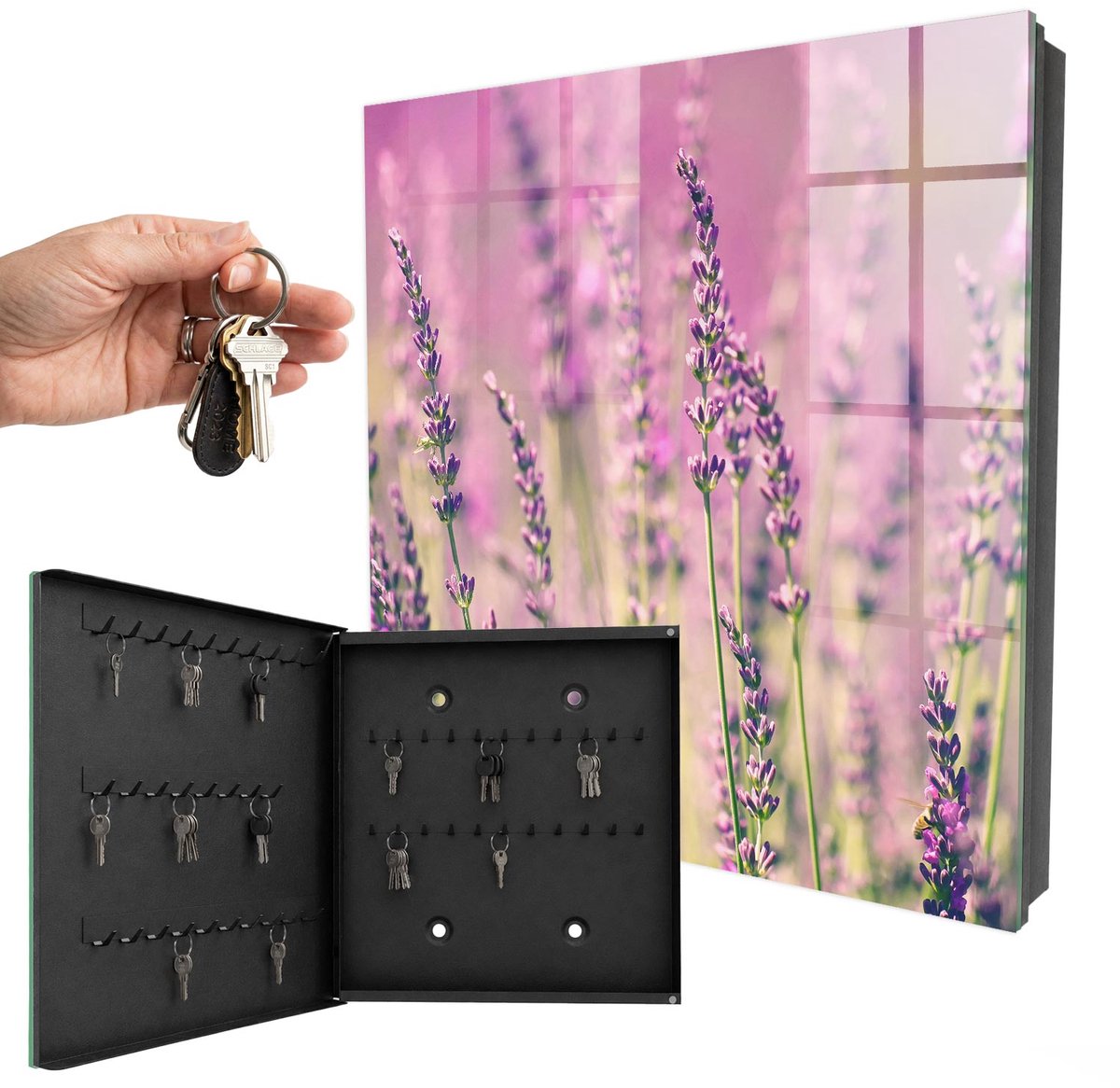 WallMuralia - Sleutelkast - 30x30x5 cm - met 50 haken - Paarse Tuin Leuk Sleutelkastje - Paars Sleutelbox - Linksopenend - Zwart interieur