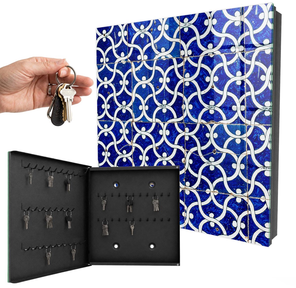 WallMuralia - Sleutelkast - 30x30x5 cm - met 50 haken - Geometrische Tegels Sleutelkastje Hal - Blauw Sleutelbox - Linksopenend - Zwart interieur